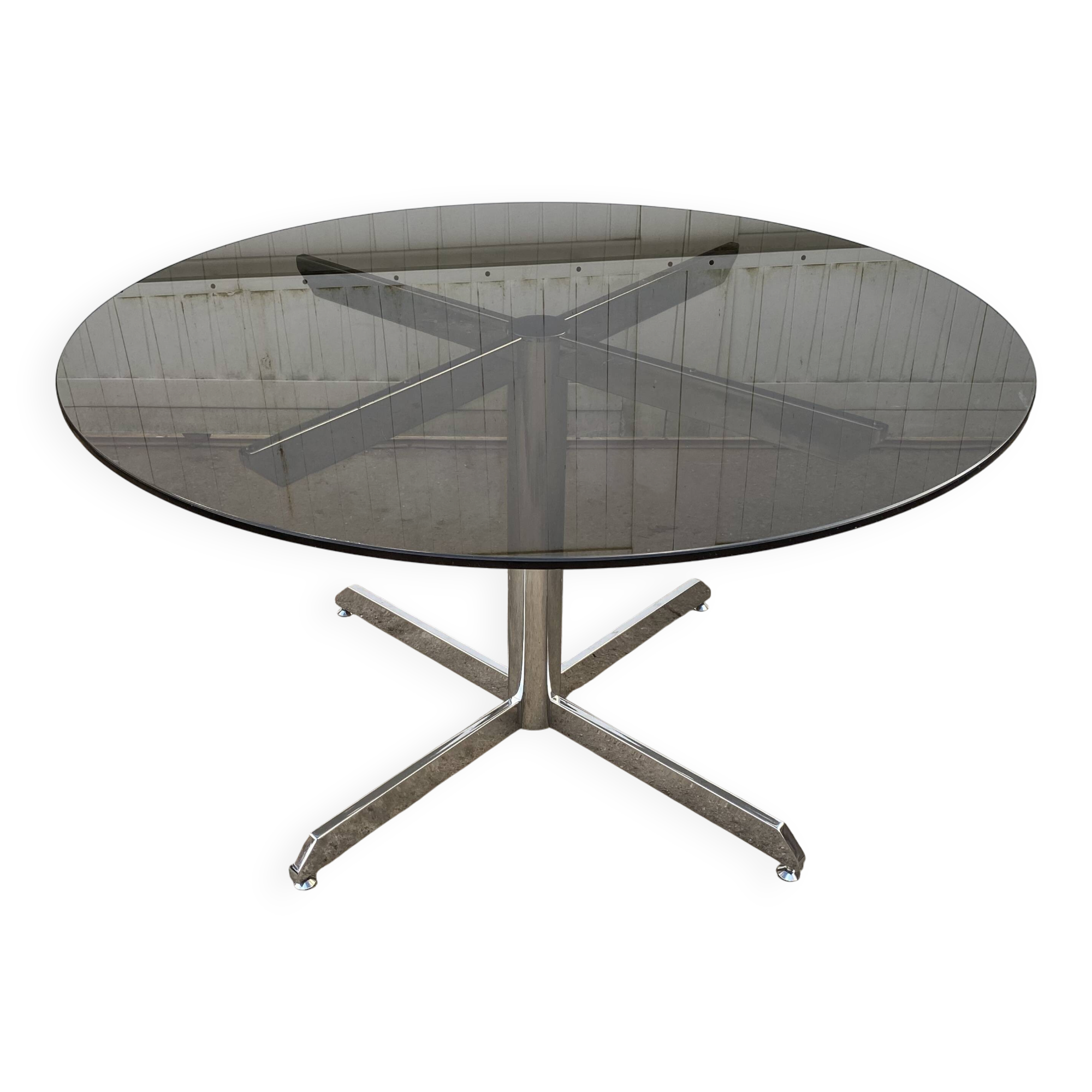 Smoked glass round table chrome Florence Knoll Roche Bobois an70
