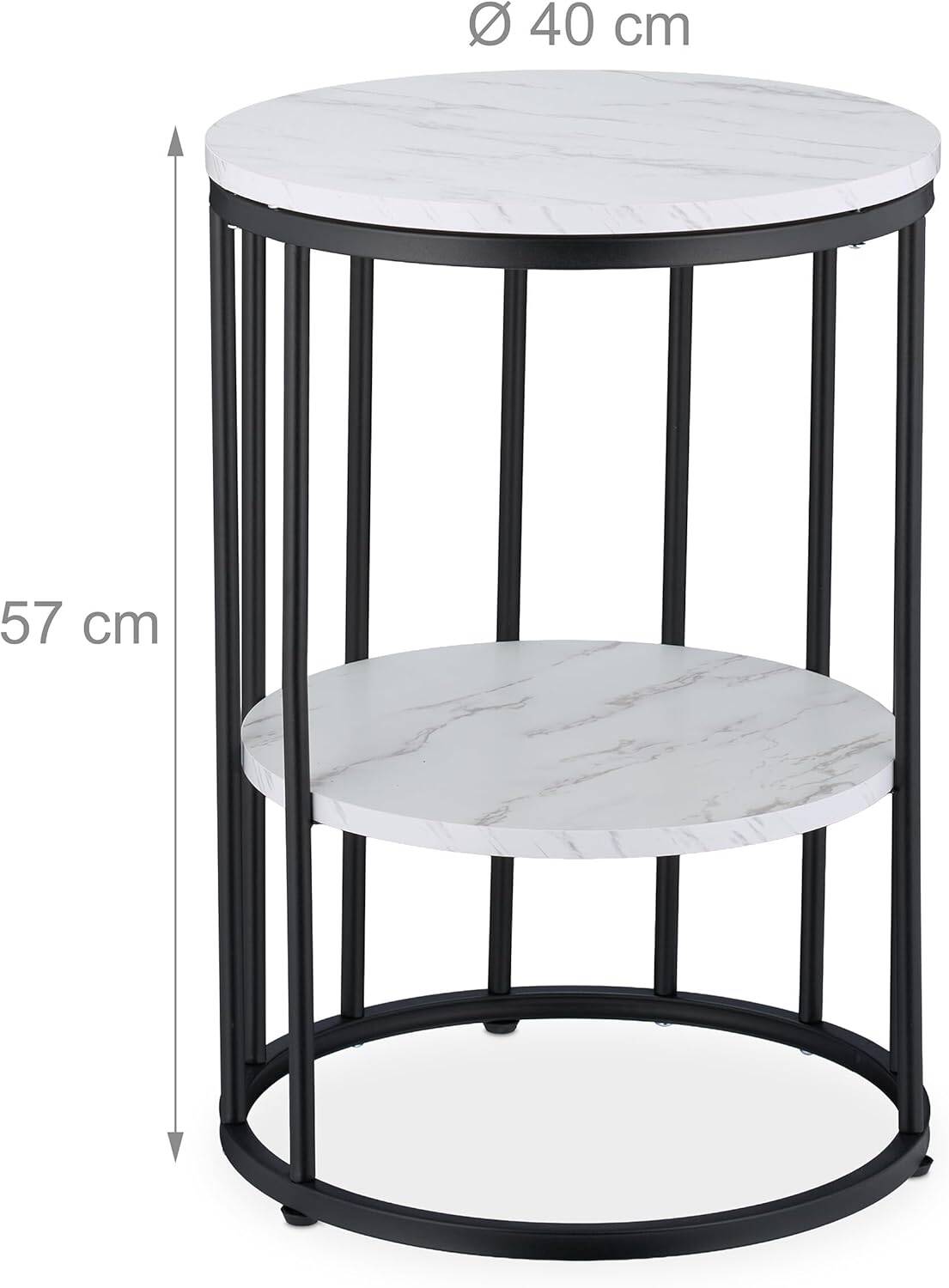 Relaxdays Side Table, 2 Marble Look Tabletops, Metal and MDF, H x D: 57 x 40 cm, for Living Room, White and Gold
