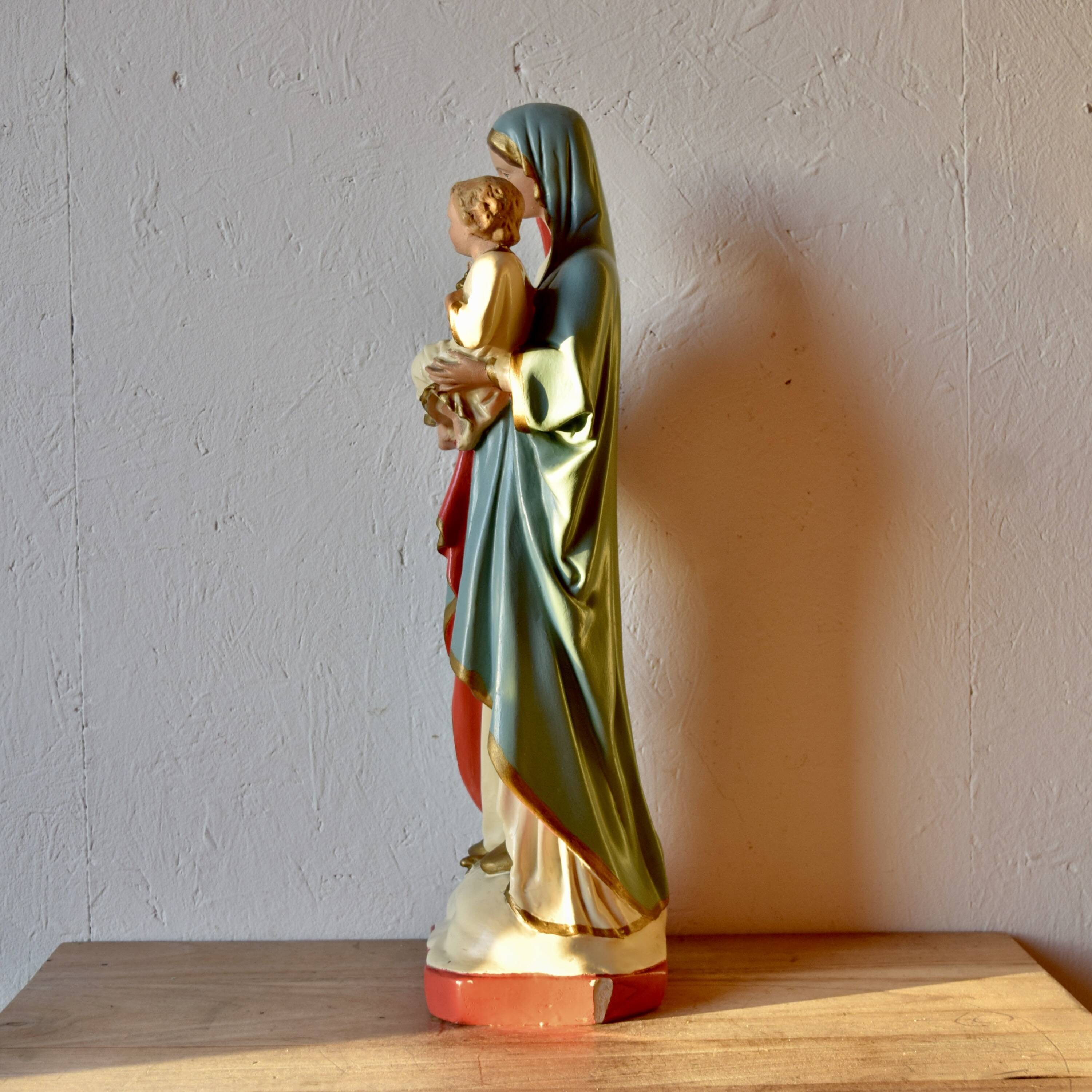 Ancient plaster statue of the Virgin and Child Jesus - hand painted - 54 cm - 1936
