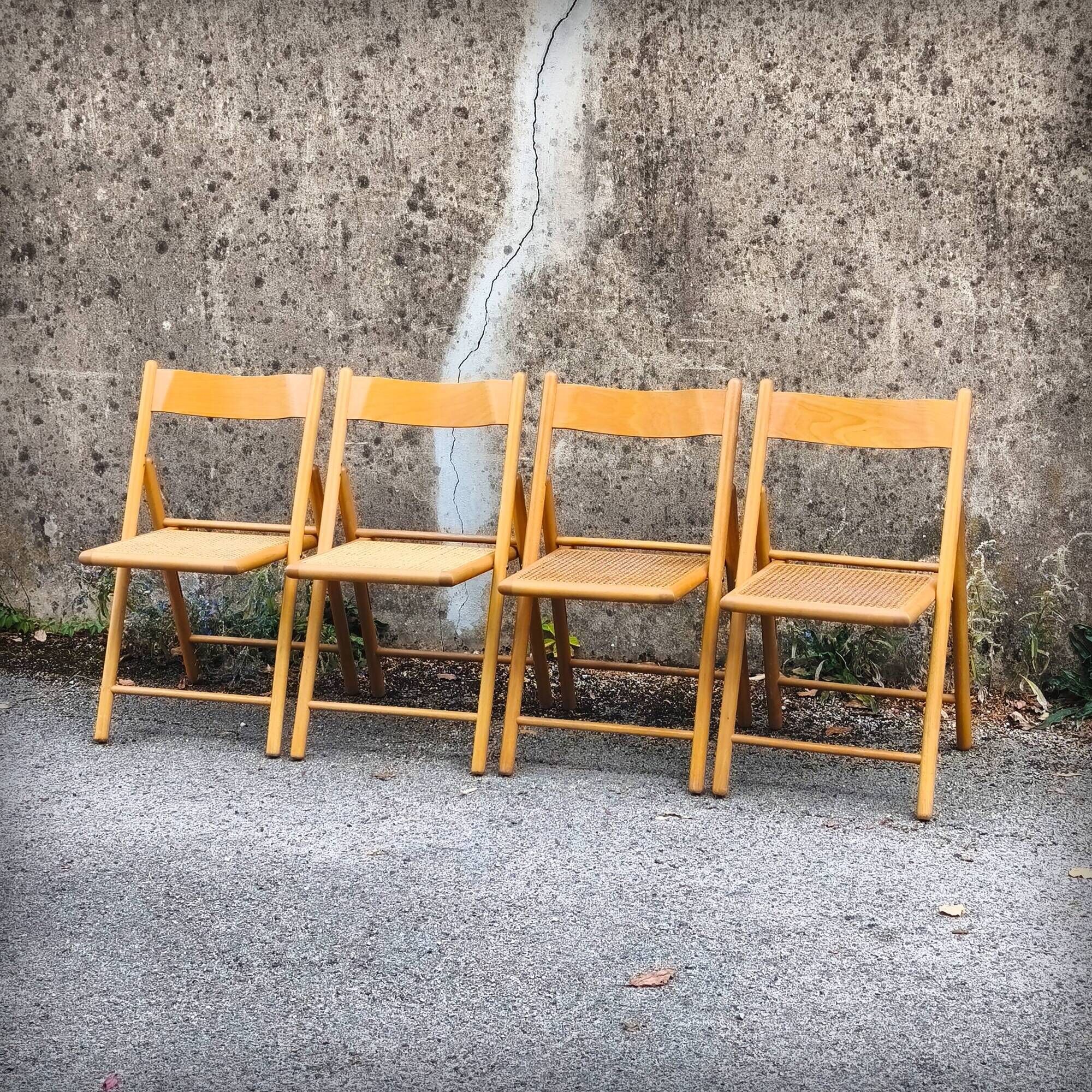 Set of 4 folding chairs in beech and caning by Habitat, 1980s.