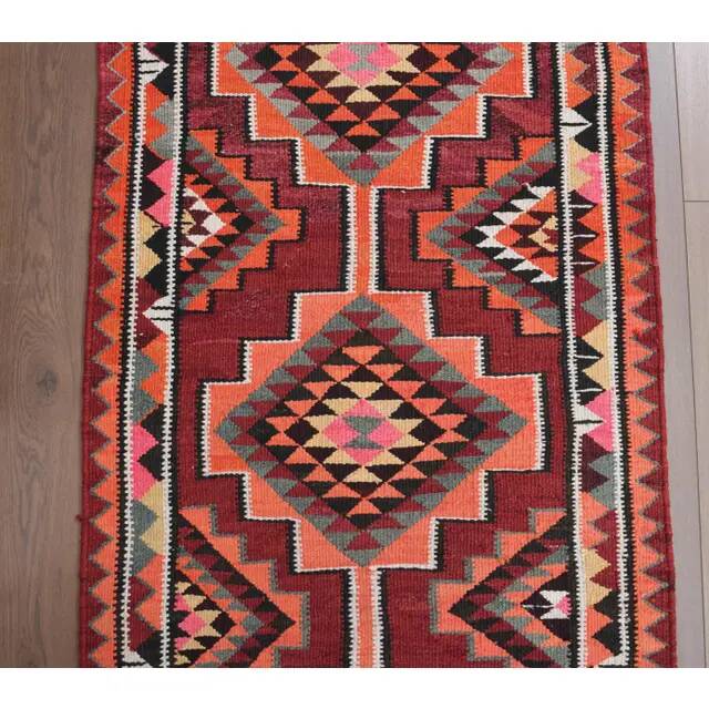 1970s Vintage Turkish Hand-Knotted Wool Cotton Red Runner Rug 93x324