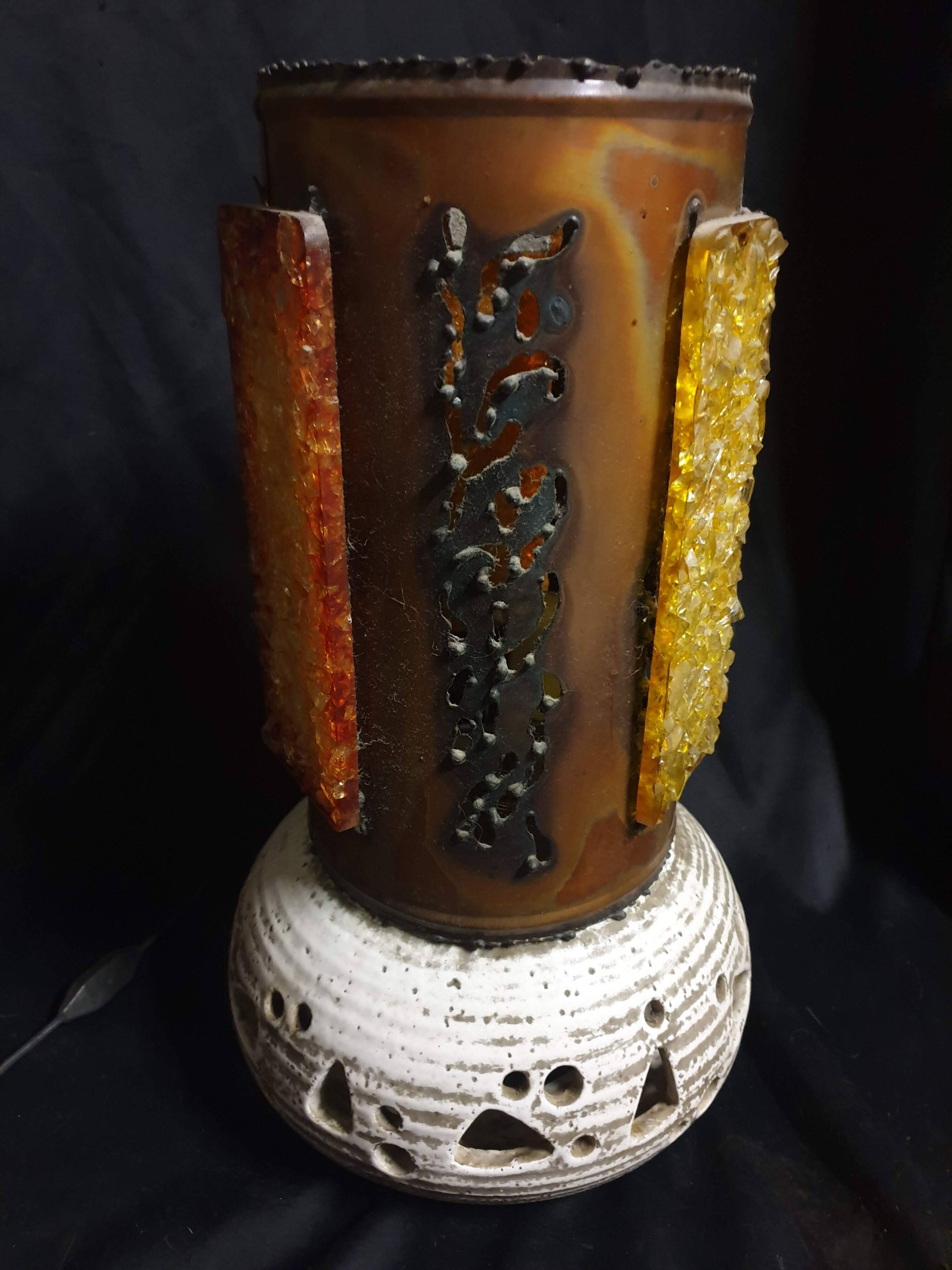 Grande lampe brutaliste signée accolay – céramique et résine – vintage 1960