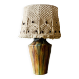 Vintage table lamp in glazed stoneware with macramé lampshade