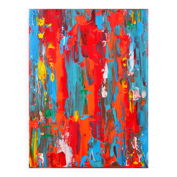Peinture originale abstraite rouge, orange et bleu sur toile tendue