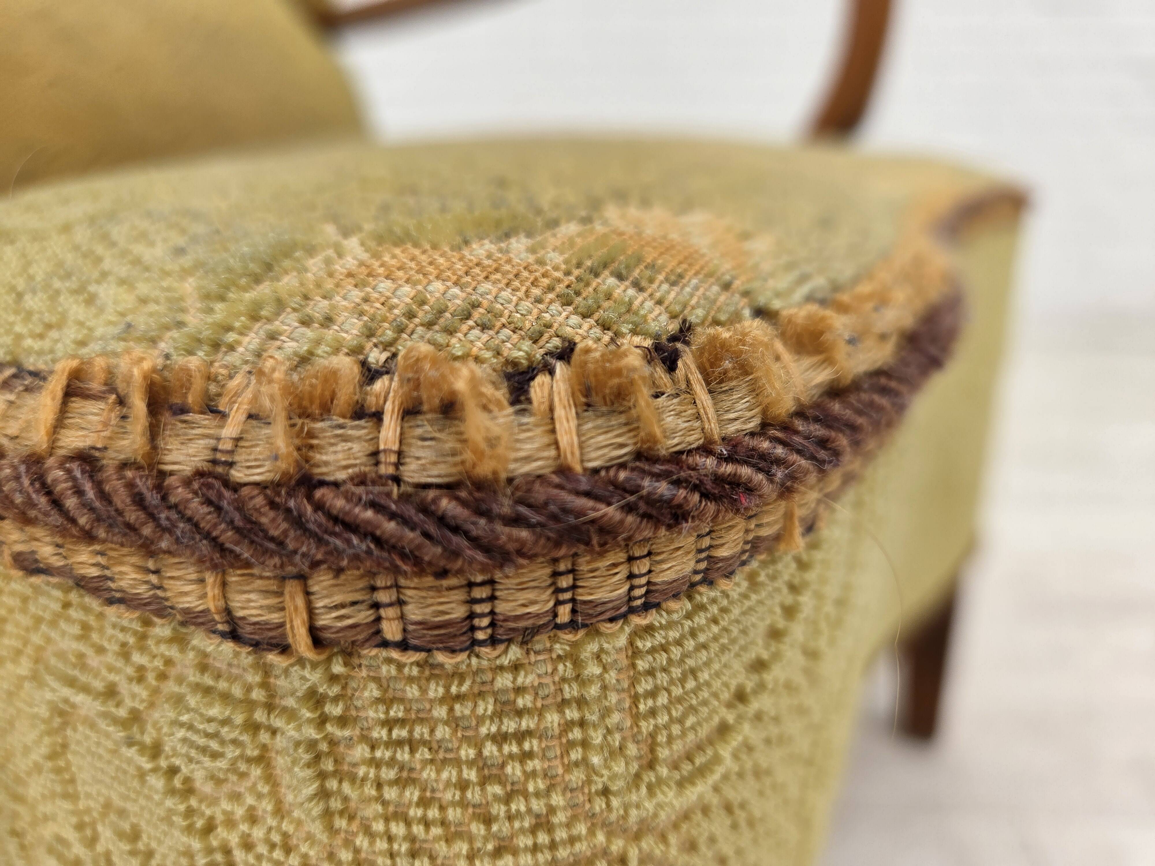 1960s, Danish armchair, light green furniture velour, beech wood.