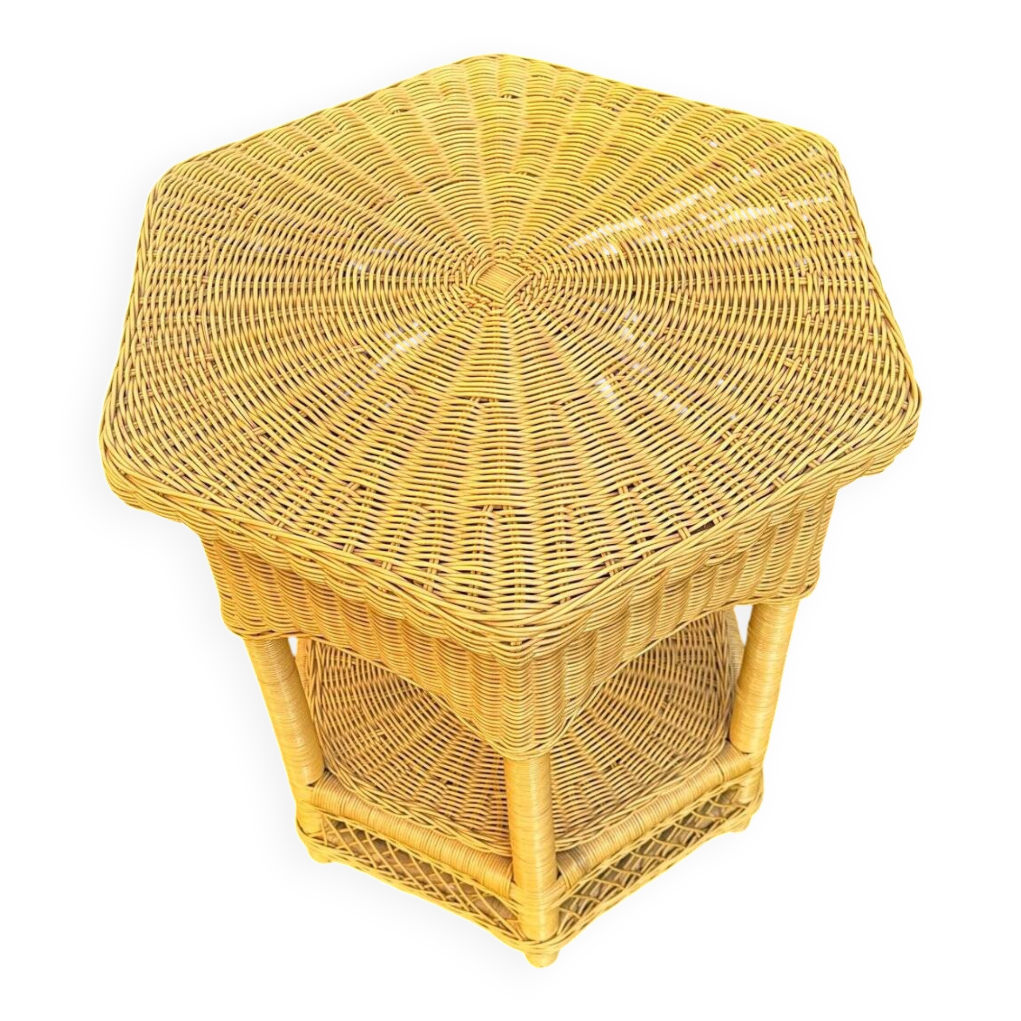 Vintage hexagonal rattan side table with original label, 1980.