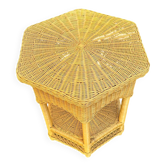 Vintage hexagonal rattan side table with original label, 1980.