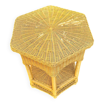 Table auxiliaire vintage hexagonale en rotin avec étiquette originale, 1980