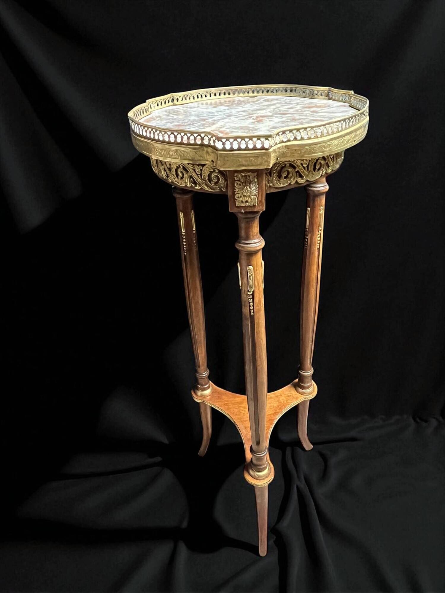 Louis XVI style tripod pedestal table, marble and brass, late 19th century