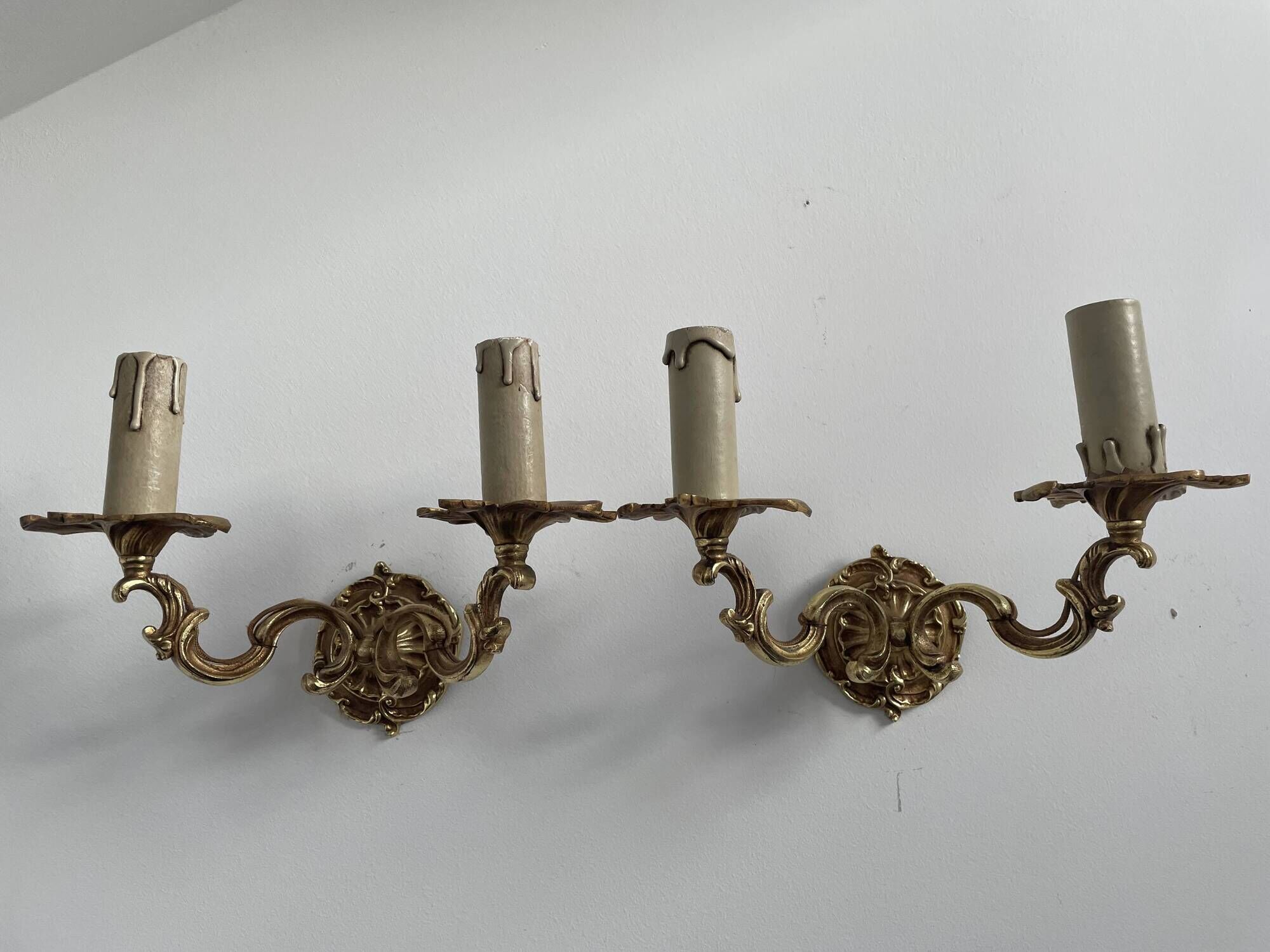 Pair of antique wall lamps in gilded metal - two lights - early XXth