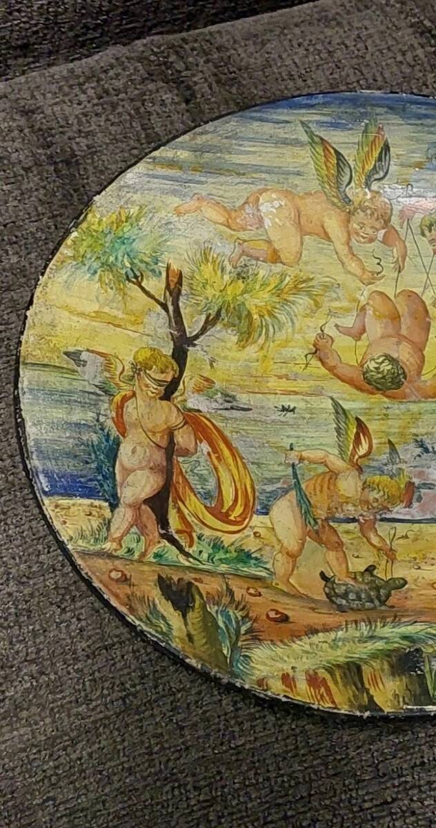 Antique cold-painted Cupino plate, late 19th century, Italy, majolica