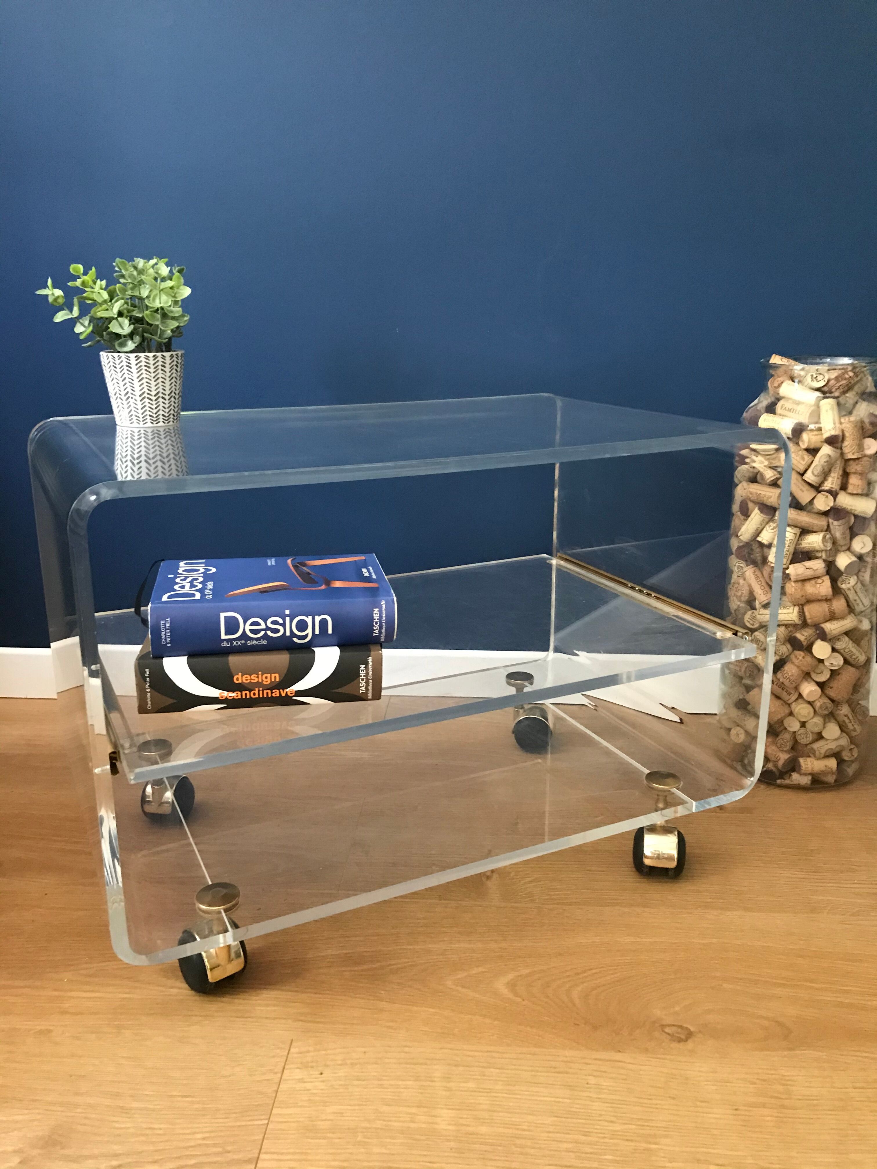 Altuglass roller TV table/furniture by David Lange with sliding tray