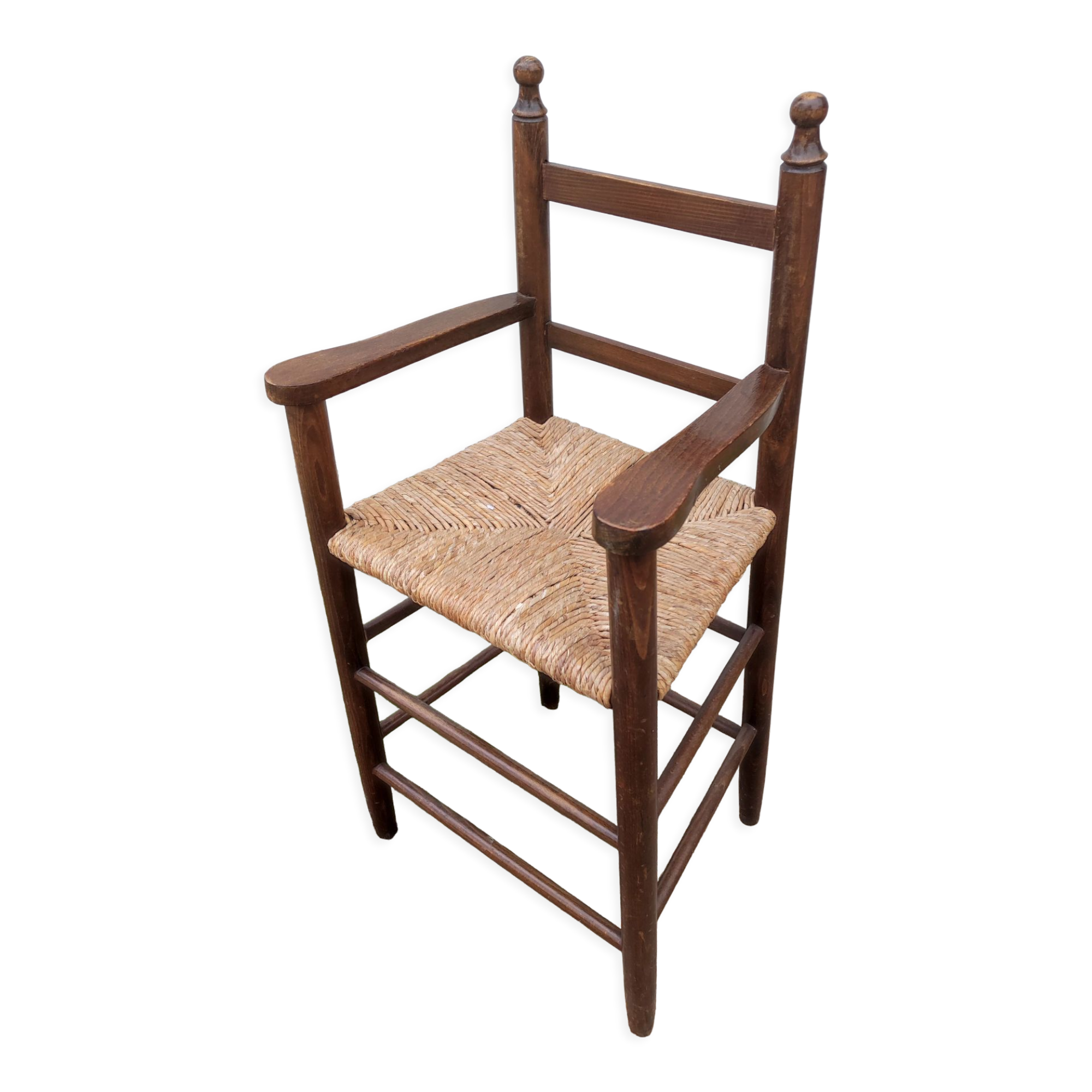 Chair armchair high child wood seat straw vintage