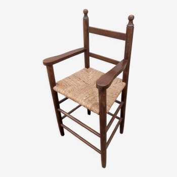 Chaise fauteuil haut enfant bois assise paillée vintage