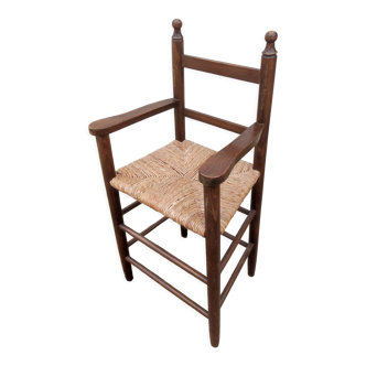 Chair armchair high child wood seat straw vintage