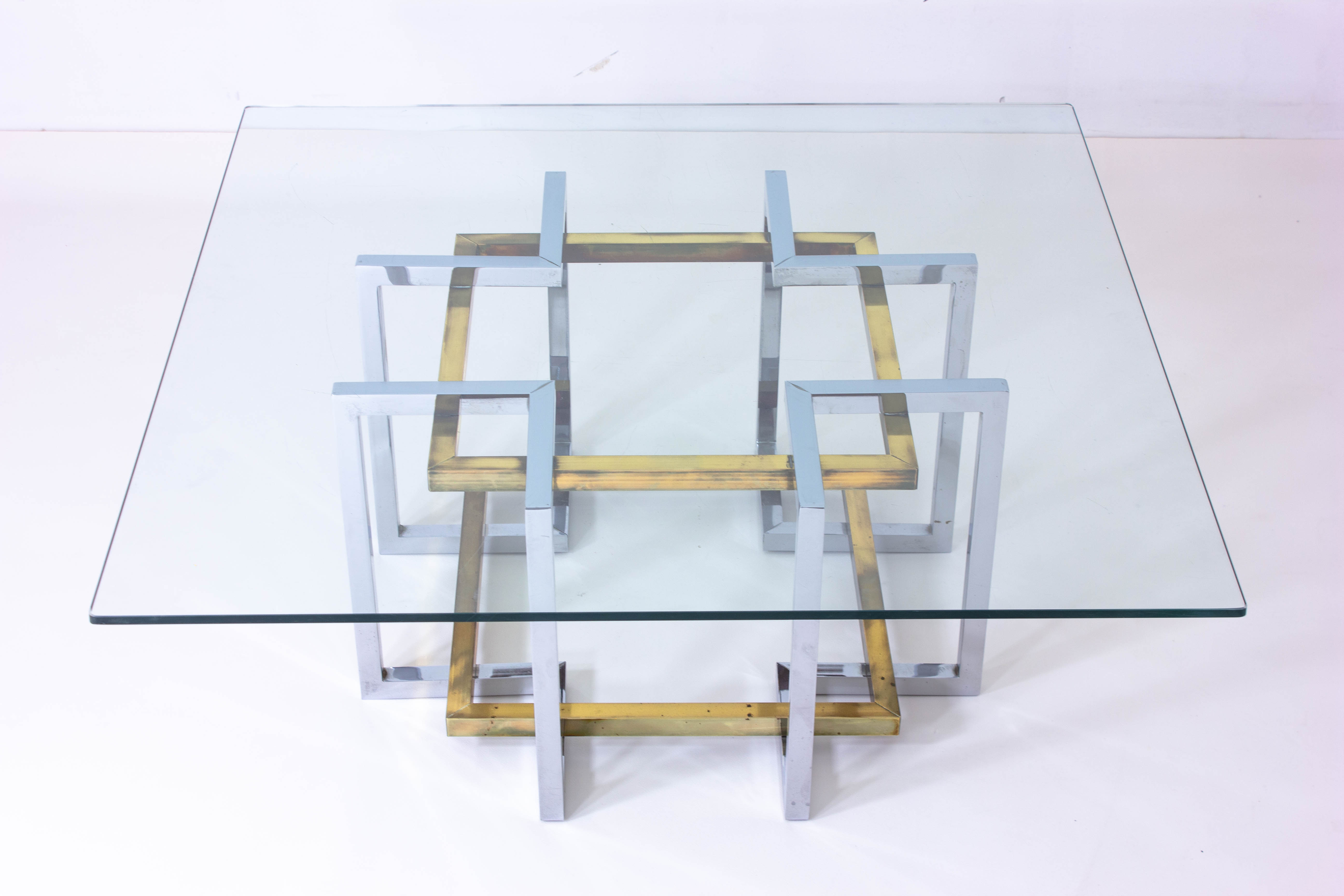 Geometrical brass & chrome coffee table, Belgium 1970s