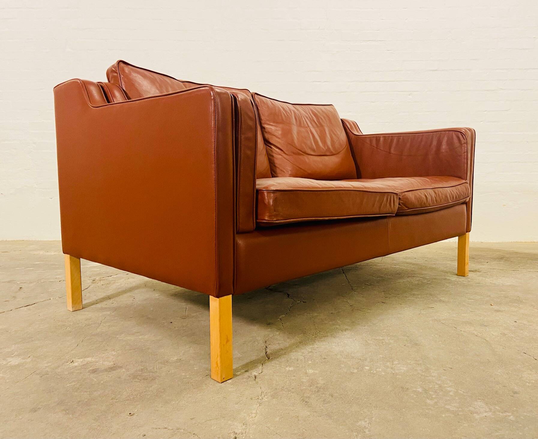 Vintage danish mid century stouby dark cognac leather 2 seater sofa