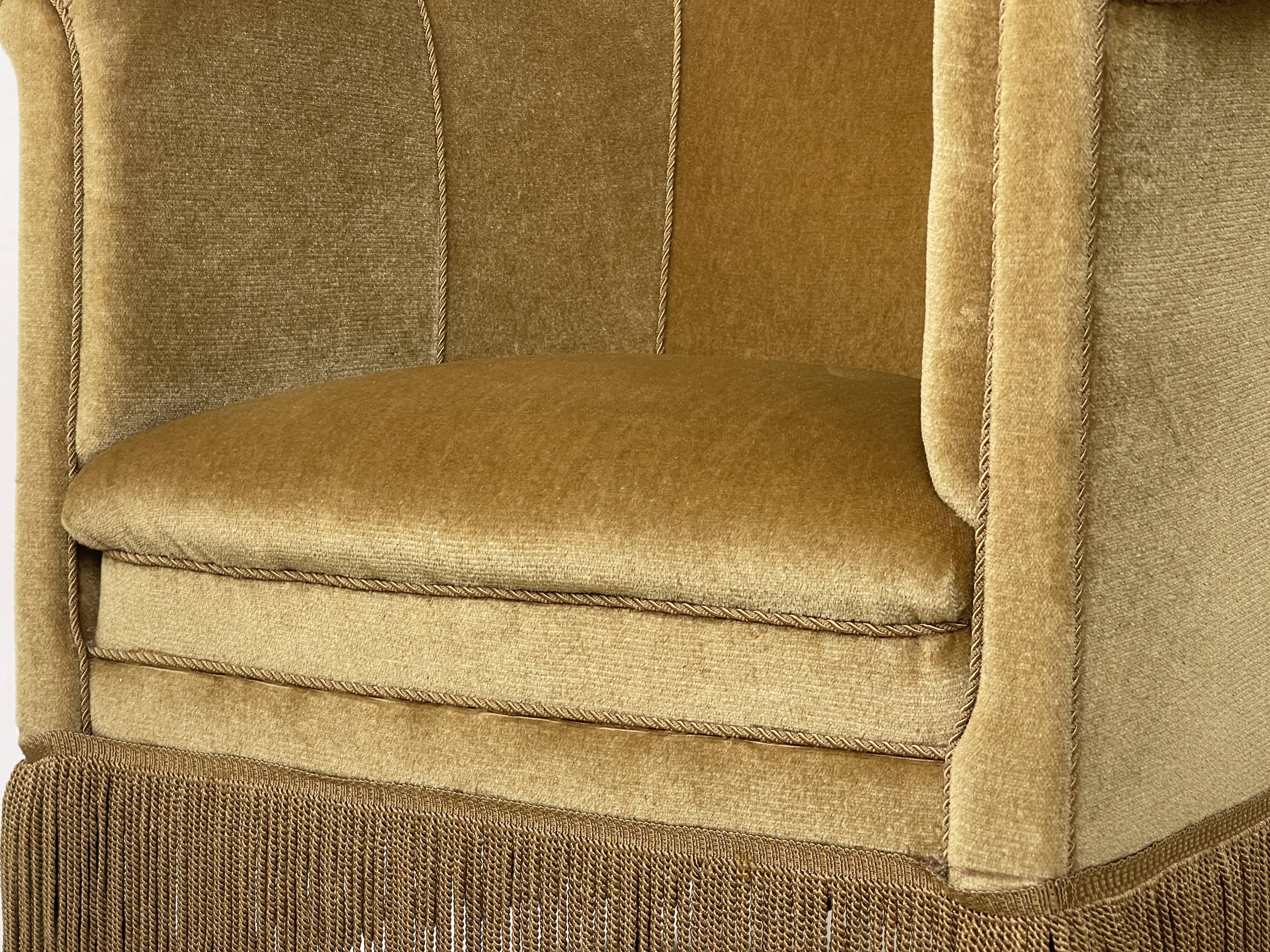 Mid century gold fringed velvet tub armchair