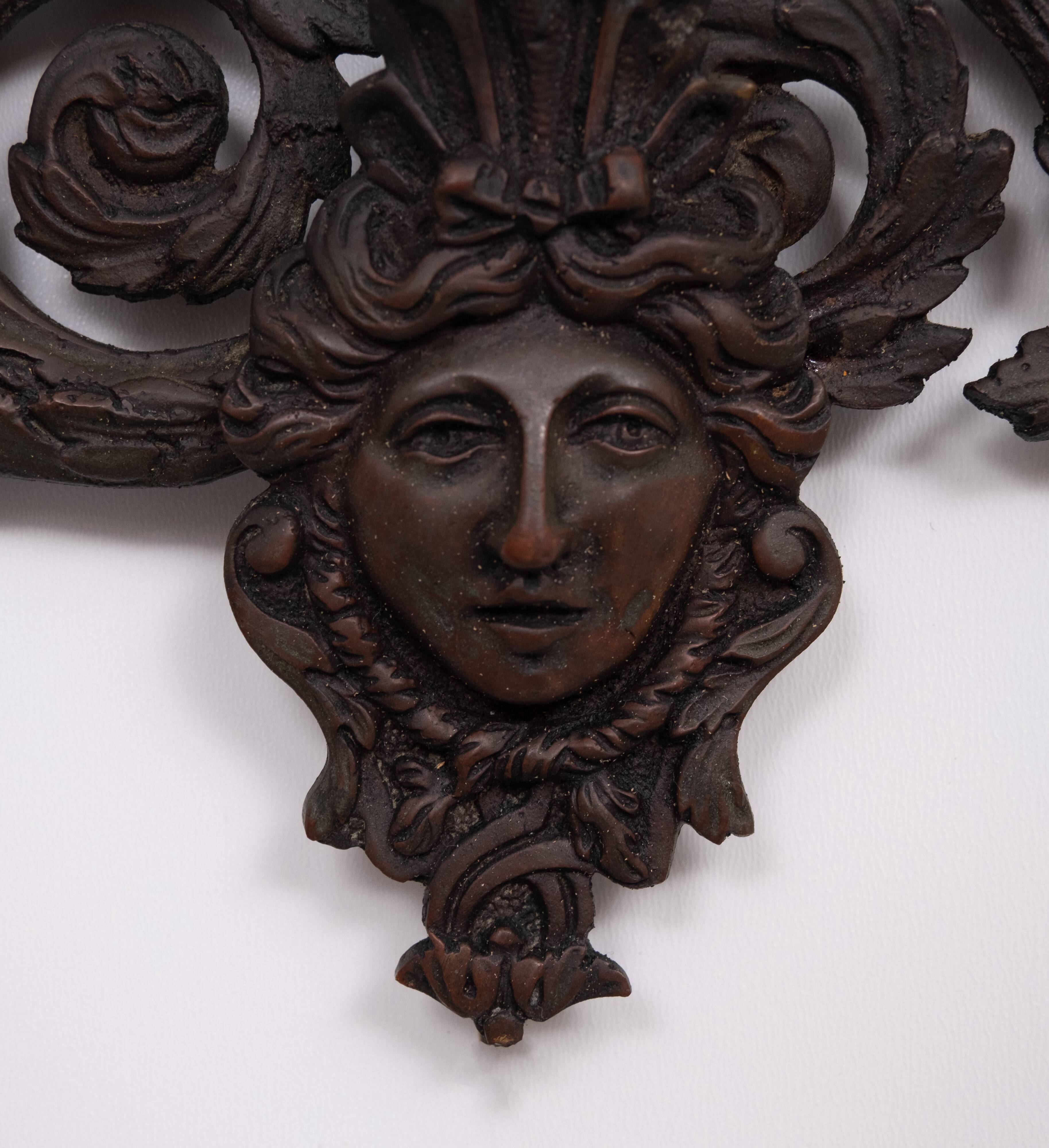 France Antique Cast Bronze women's Head wall Mirror