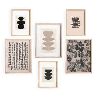 Collection of 6 paintings on paper - Black abstract painting signed Eawy