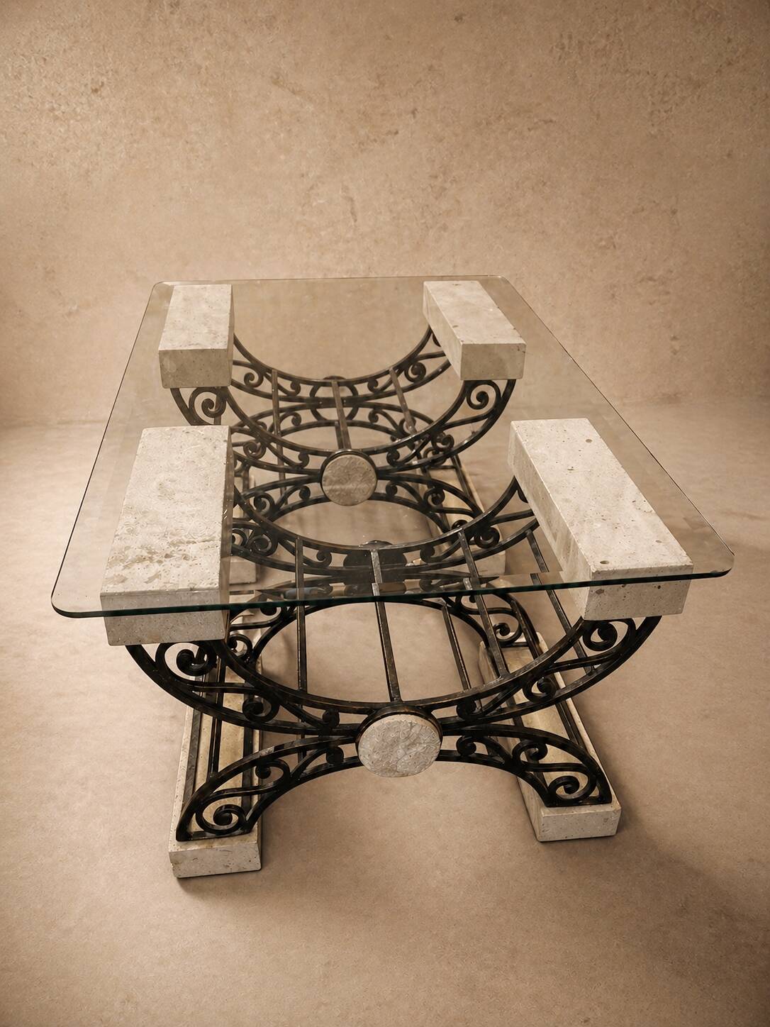 Travertine table with wrought iron, Italy circa 1980.