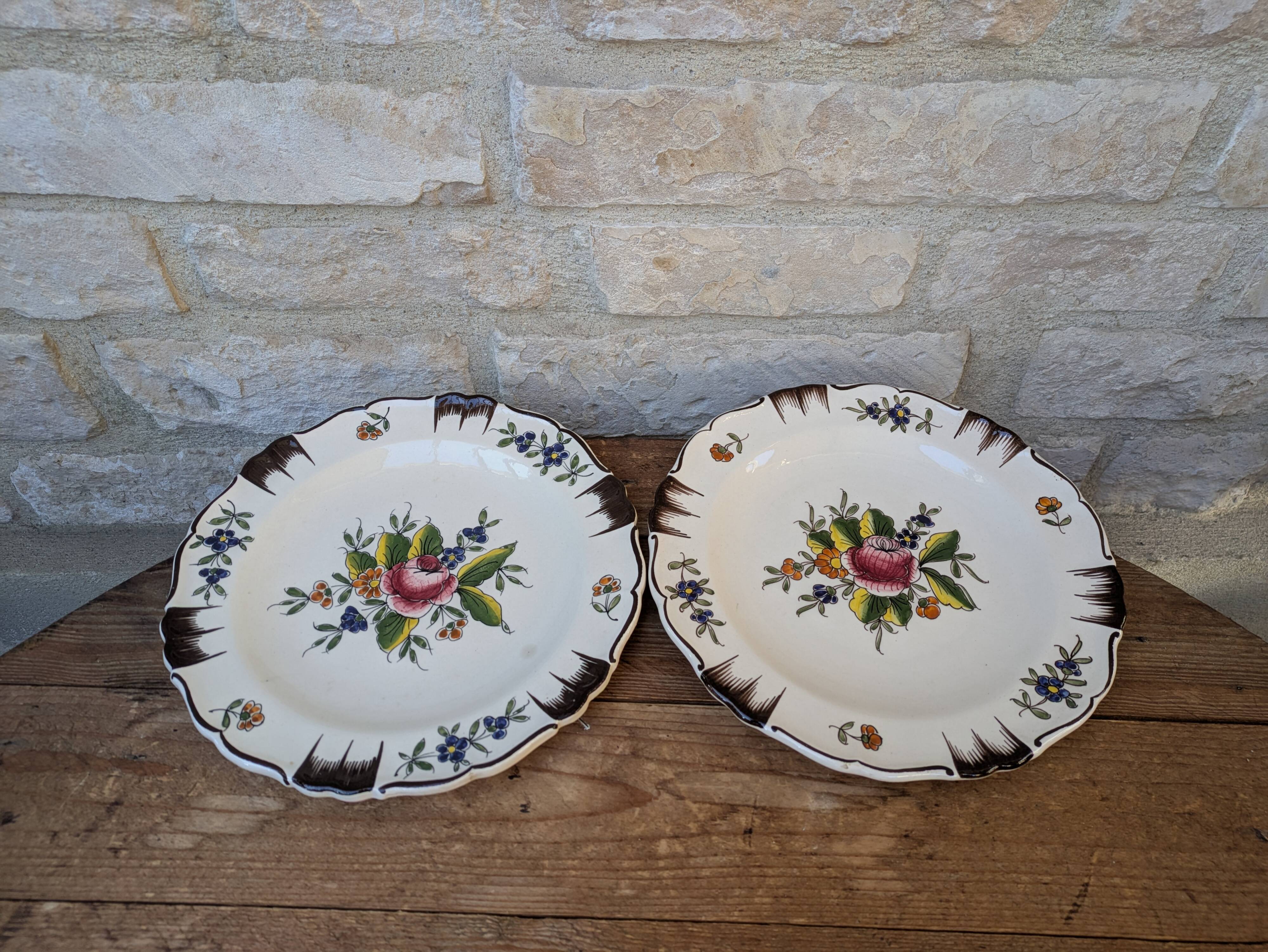 Set of 2 antique hand painted floral pattern plates
