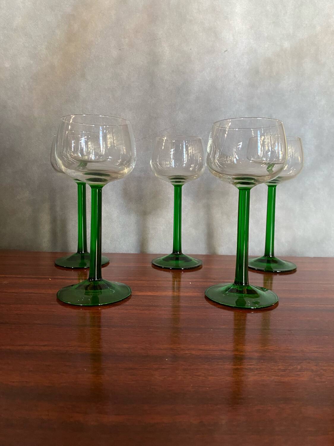 Set of 5 alsace balloon wine glasses vintage green glass