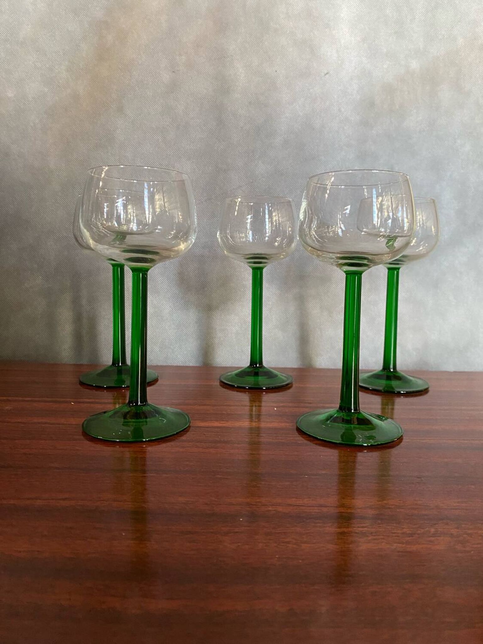 Set of 5 alsace balloon wine glasses vintage green glass