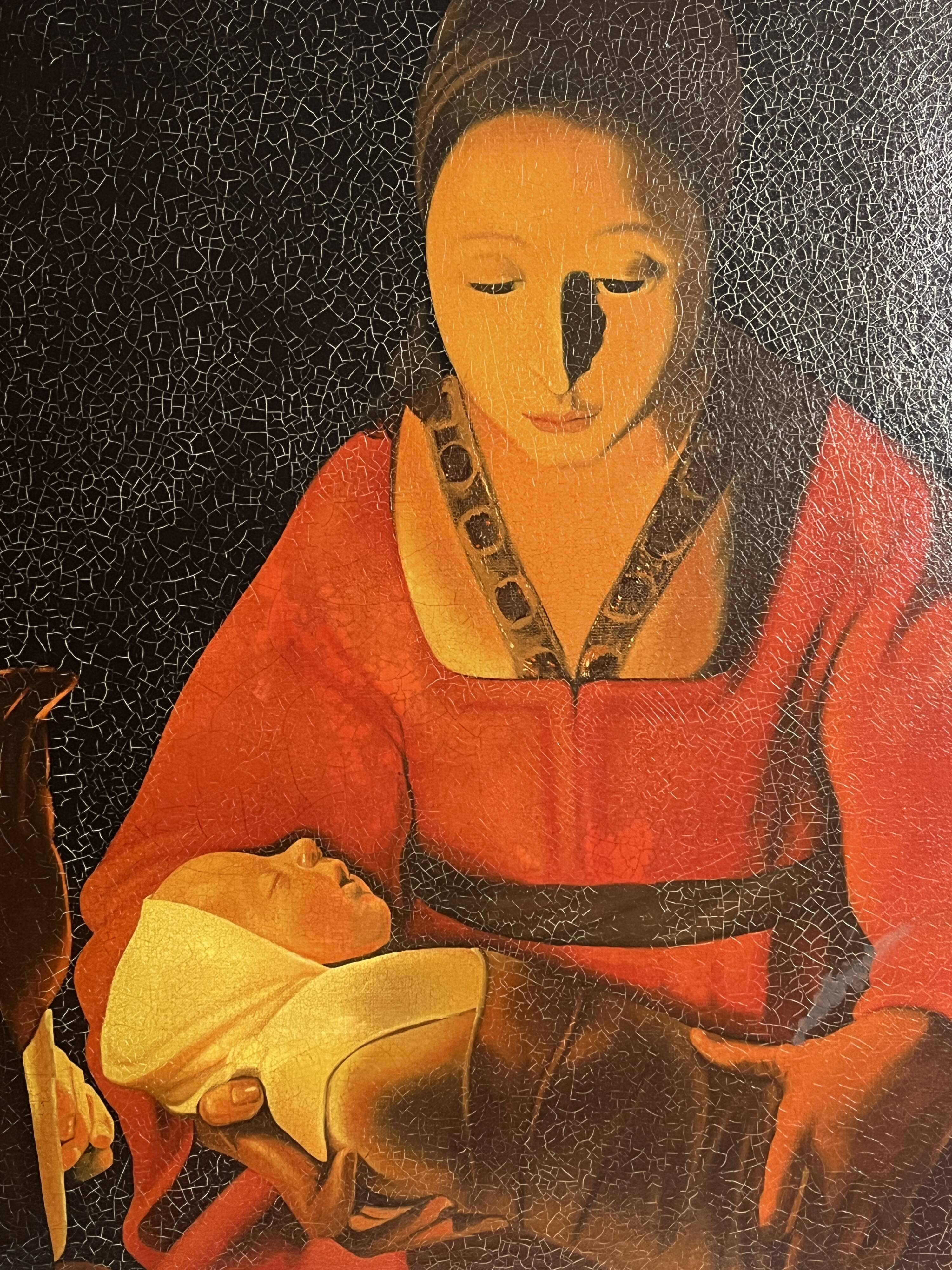 De la Tour, HST reproduction The Newborn gilded frame 20th century
