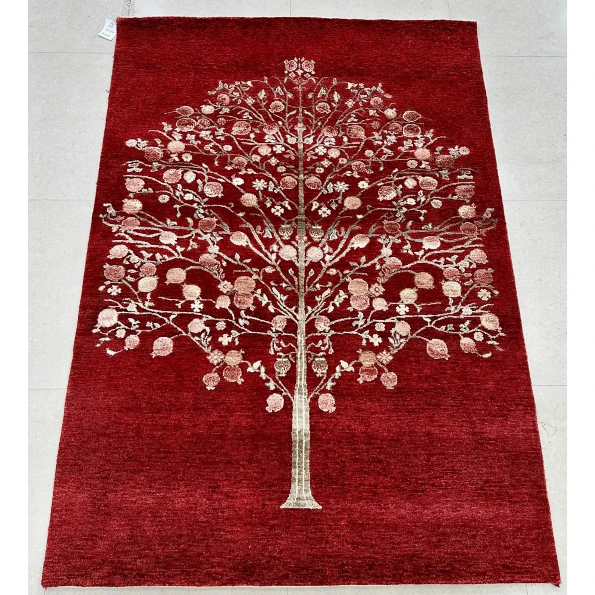 Hand-Knotted Red Area Rug with Botanical Tree Design for Living Room