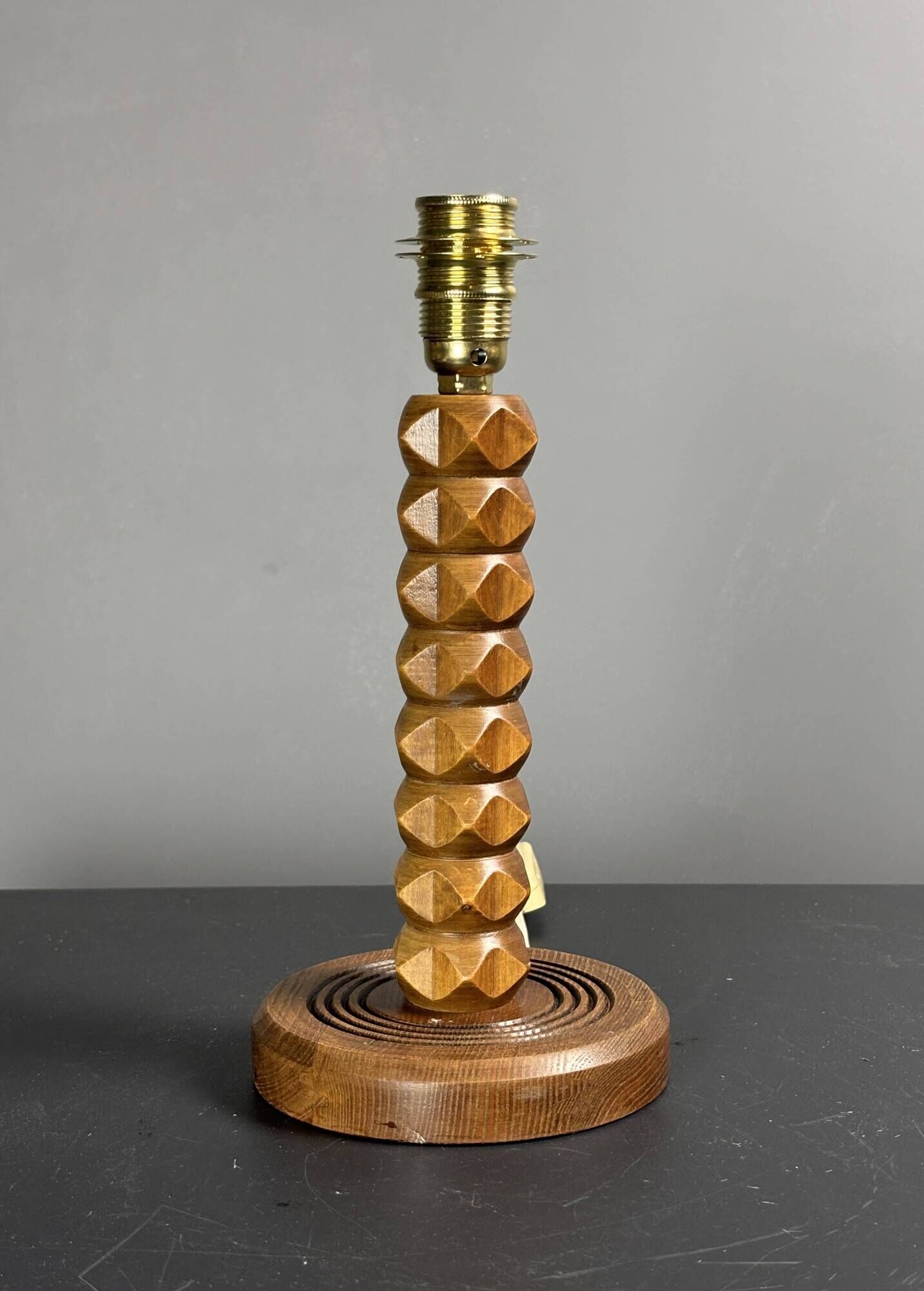Mid-Century modern brutalist wood turned table lamp Charles Dudouyt style