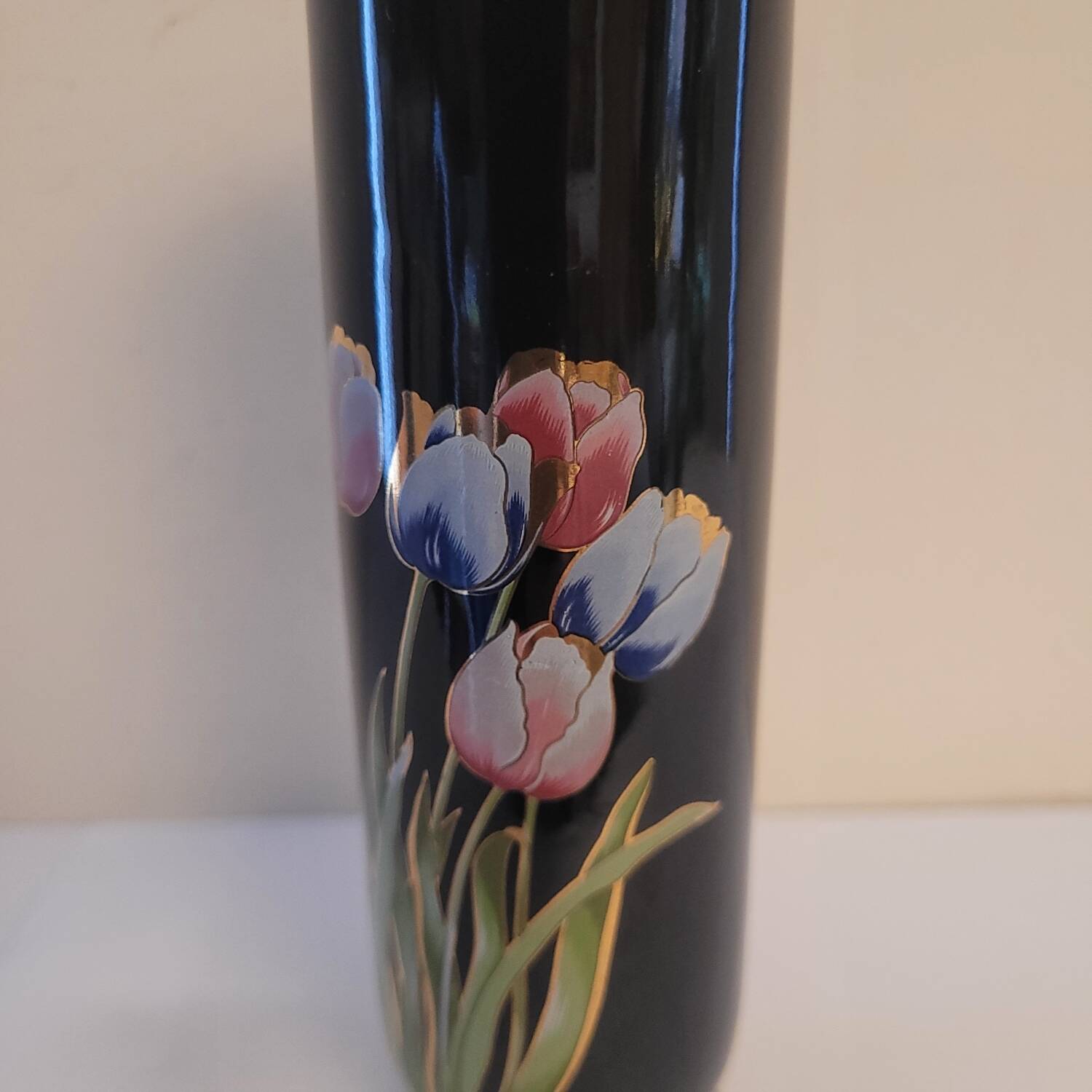 Black ceramic soliflore decorated with tulips - 1960s-1970s