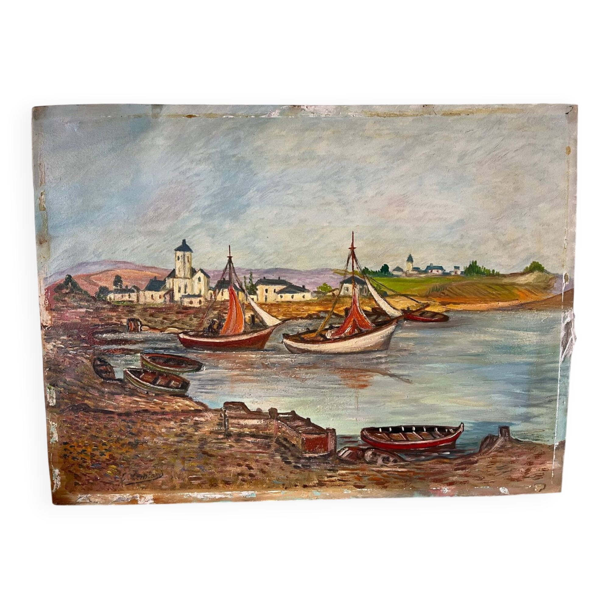 Boats in the small port, signed F. Lombard