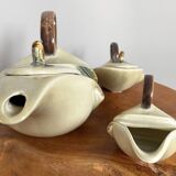 Hull pottery tea set parchment and pine, tea pot, creamer & sugar pot, american embossed majolica