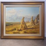 Oil painting on wood landscape harvest