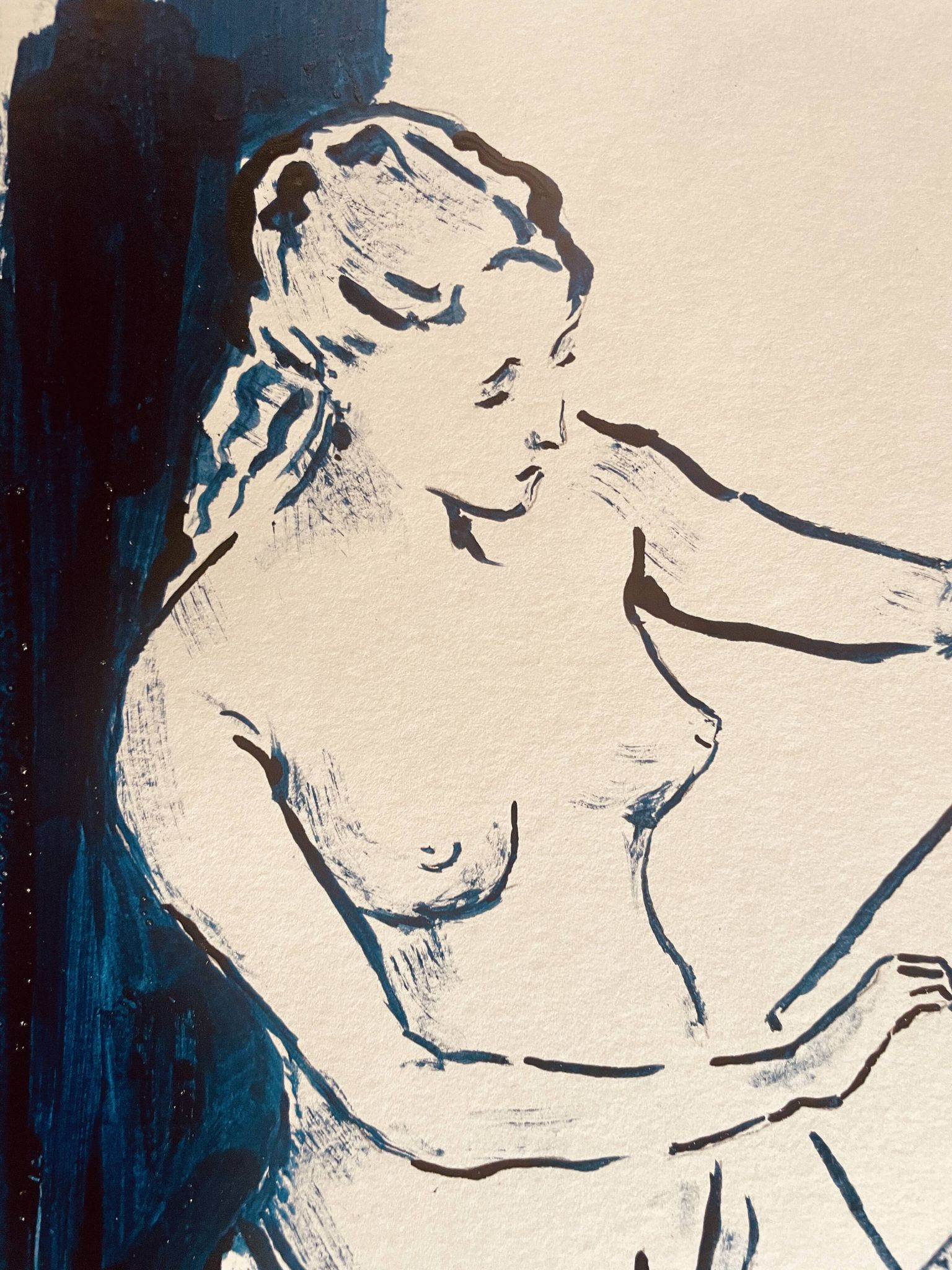 Painting in indigo blue "female model drawing in the studio"