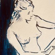 Painting in indigo blue "female model drawing in the studio"