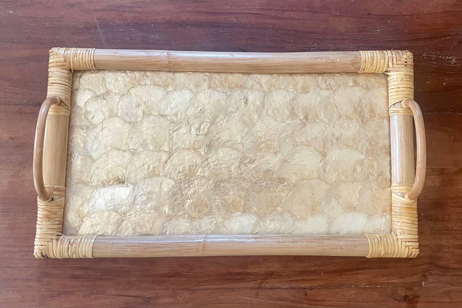 Vintage mother-of-pearl and rattan tray