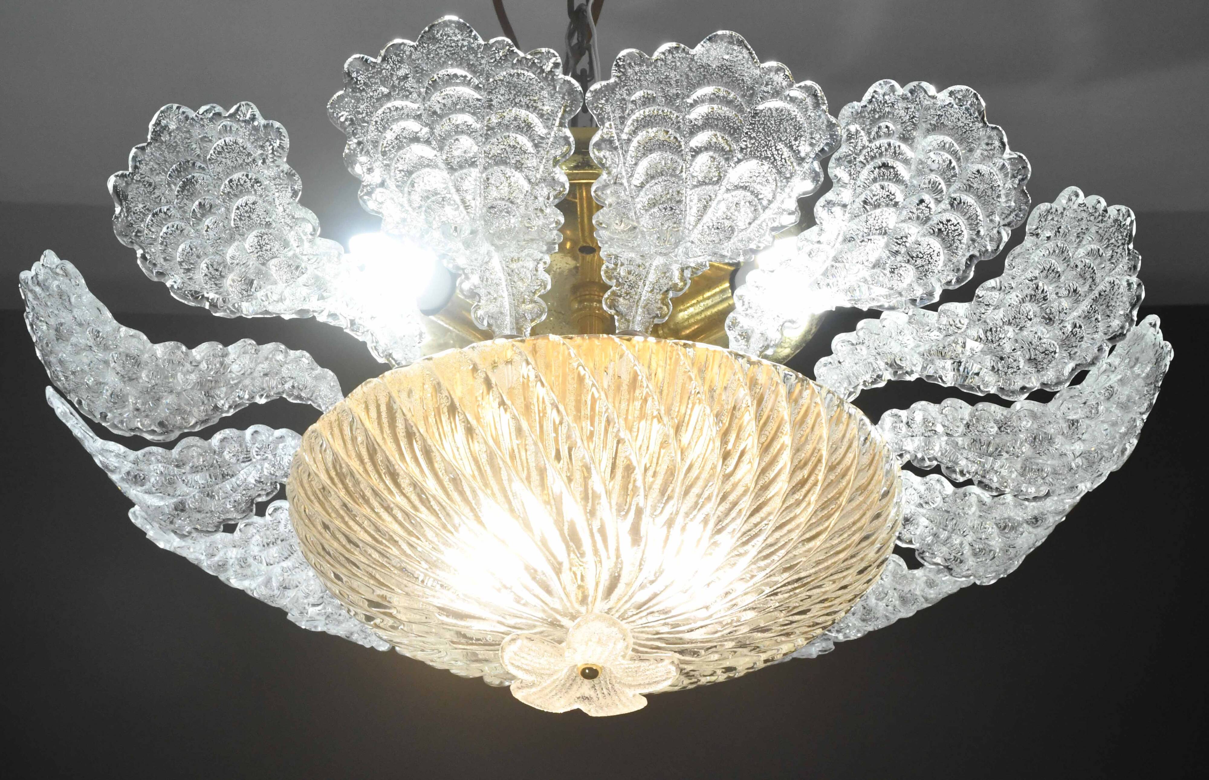 Lovely transparent Murano glass leaf ceiling light or chandelier, 1970s