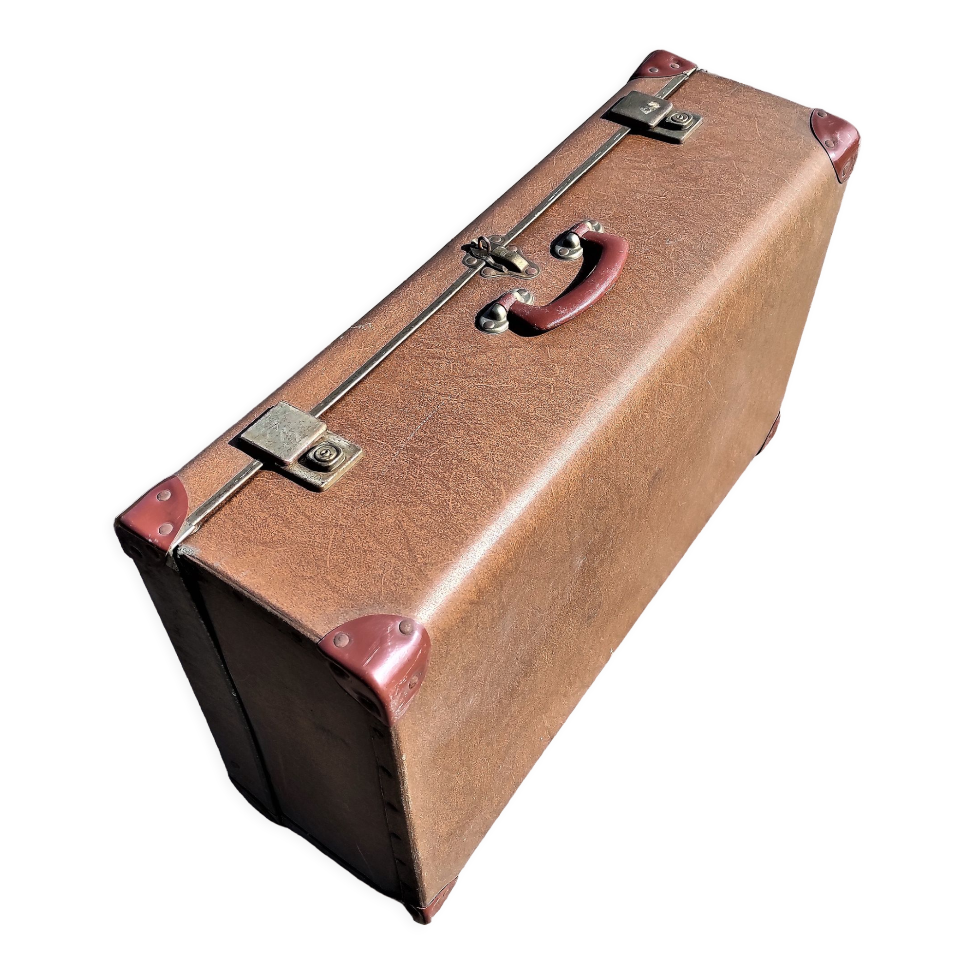 Brown vintage suitcase with CHENEY England brand travel tags