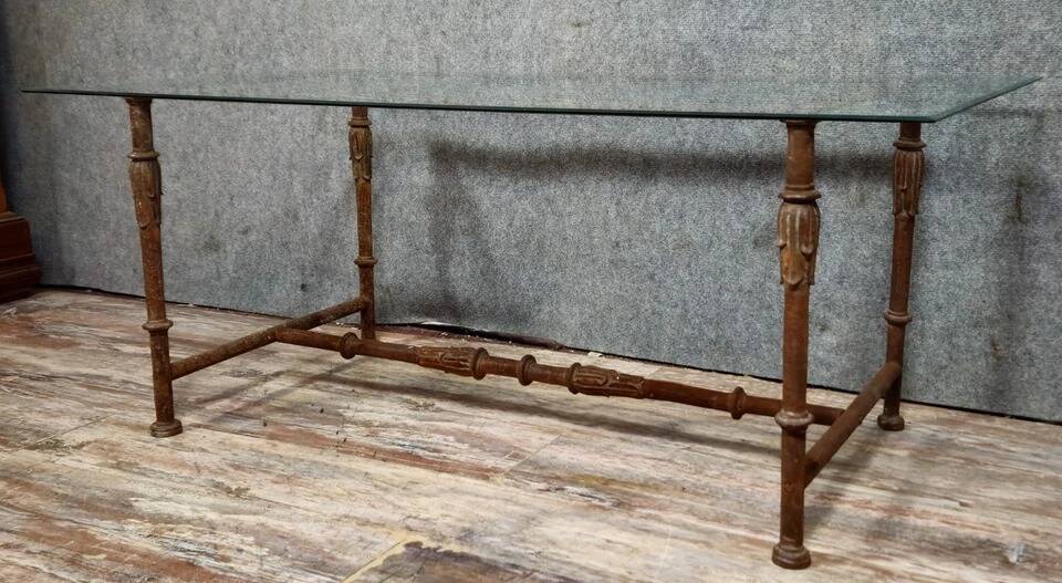 Console table / Coffee table in wrought iron with glass top in Art Deco style