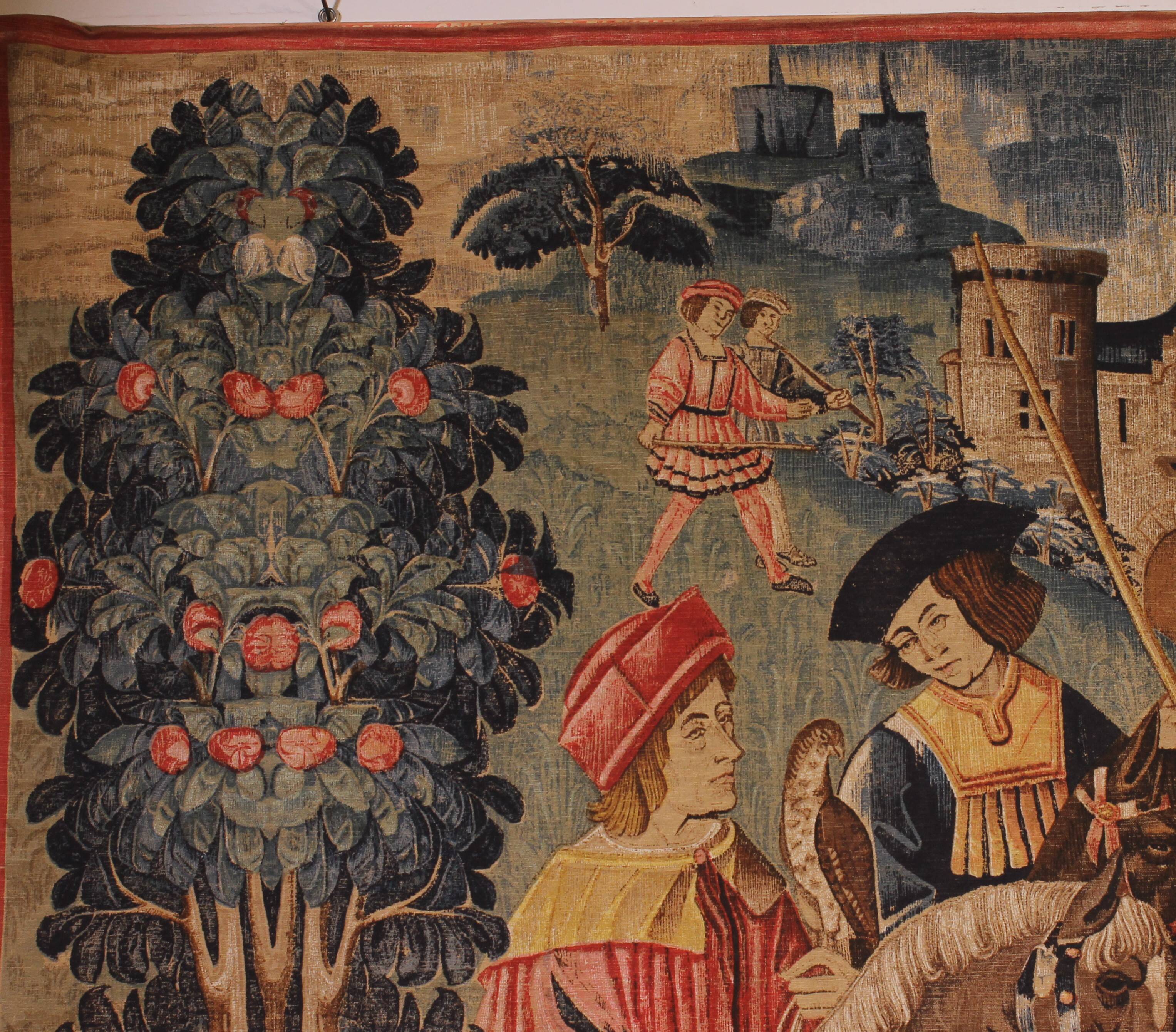 stencil tapestry - Gothic flamboyant falcon hunting scene - 19th century