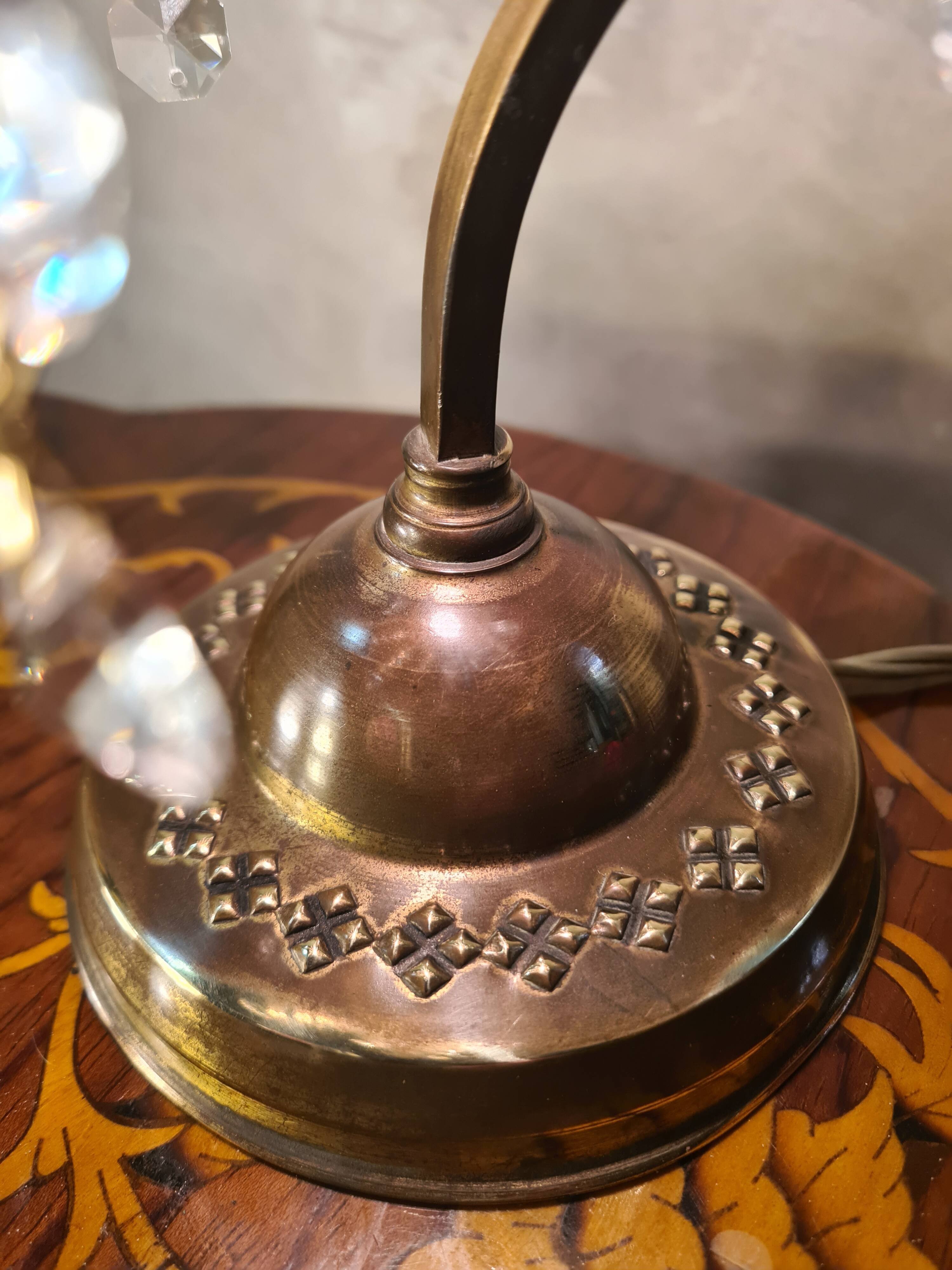 antique brass lamp with crystal pendant 33x14 slight signs of wear