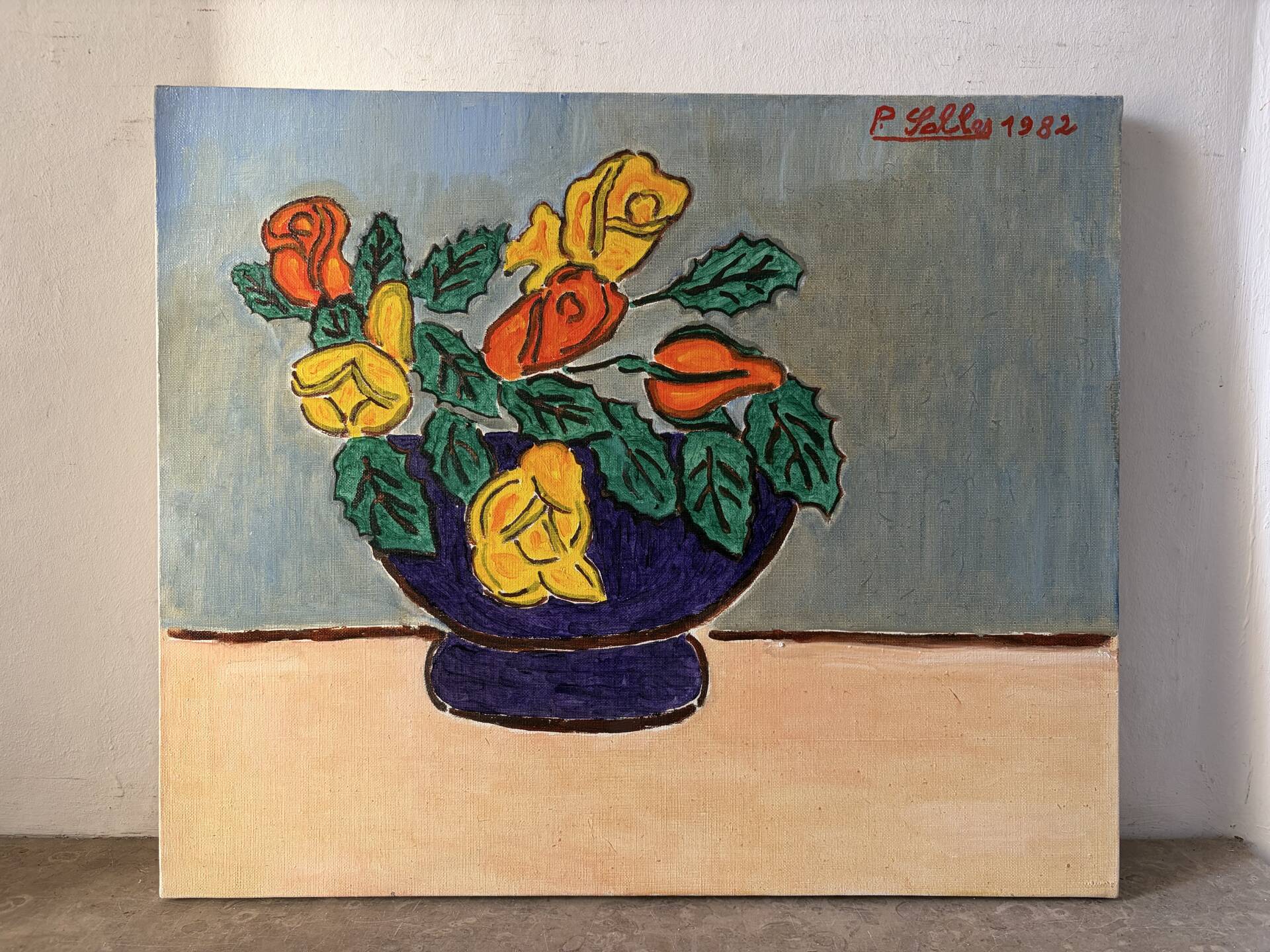 Blue bowl with flowers, oil on canvas signed 1982
