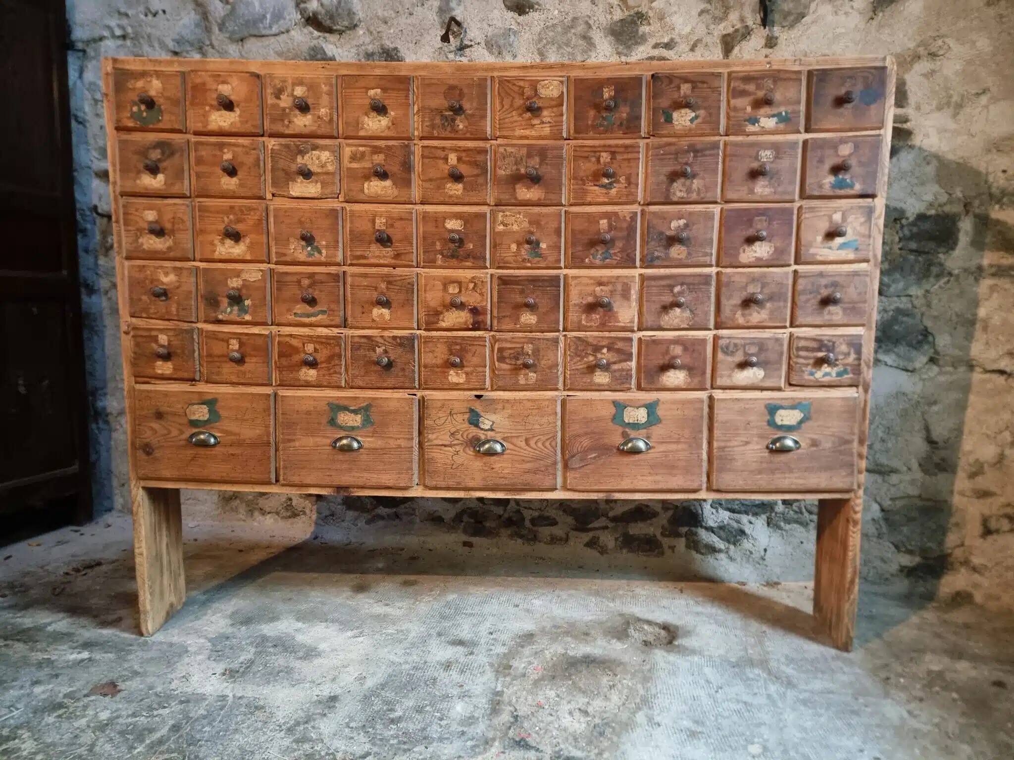 Antique pine drawer cabinet with 50 drawers, apothecary or hardware, 19th century