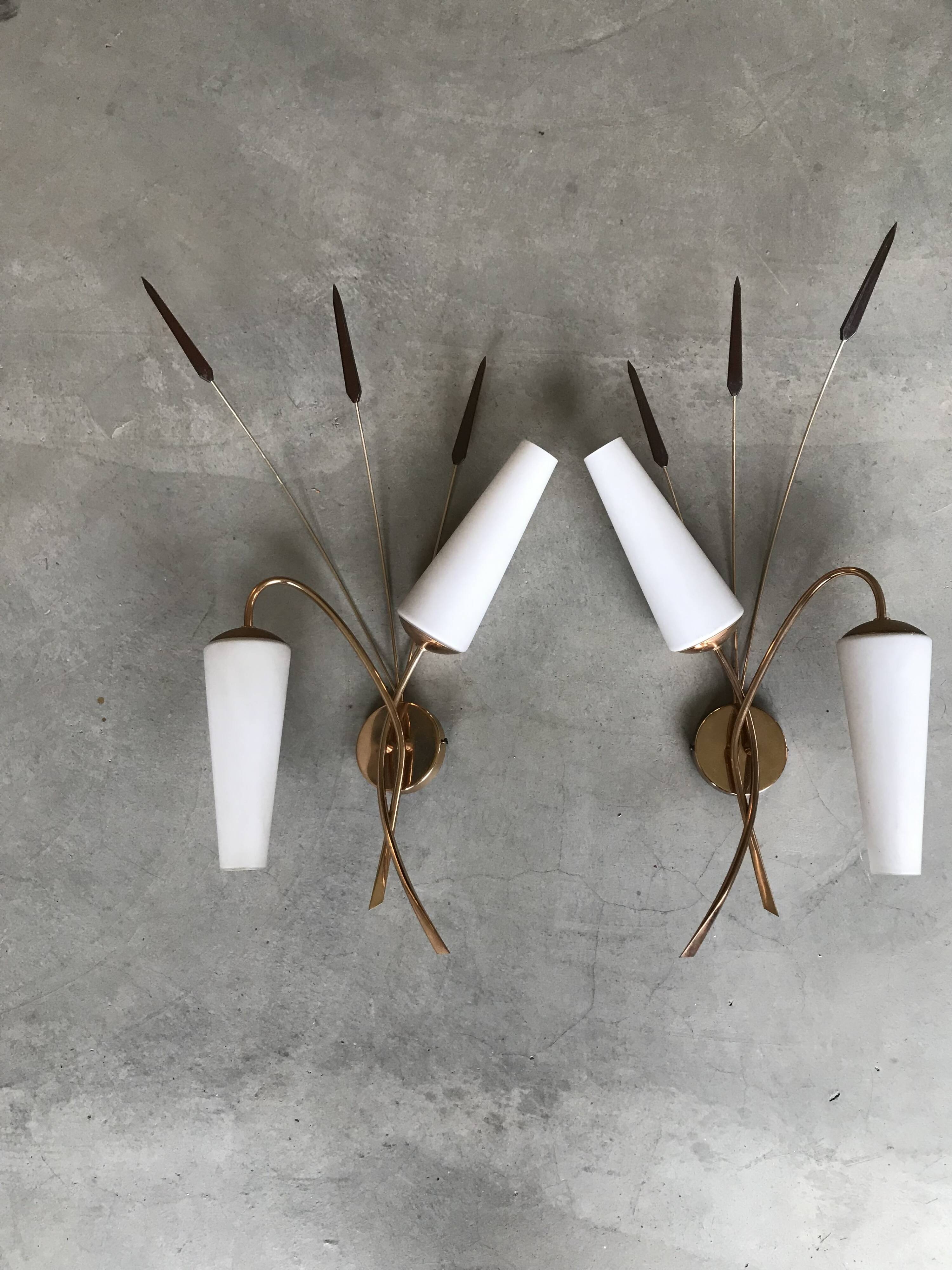 Pair of brass wall lights, circa 1950.