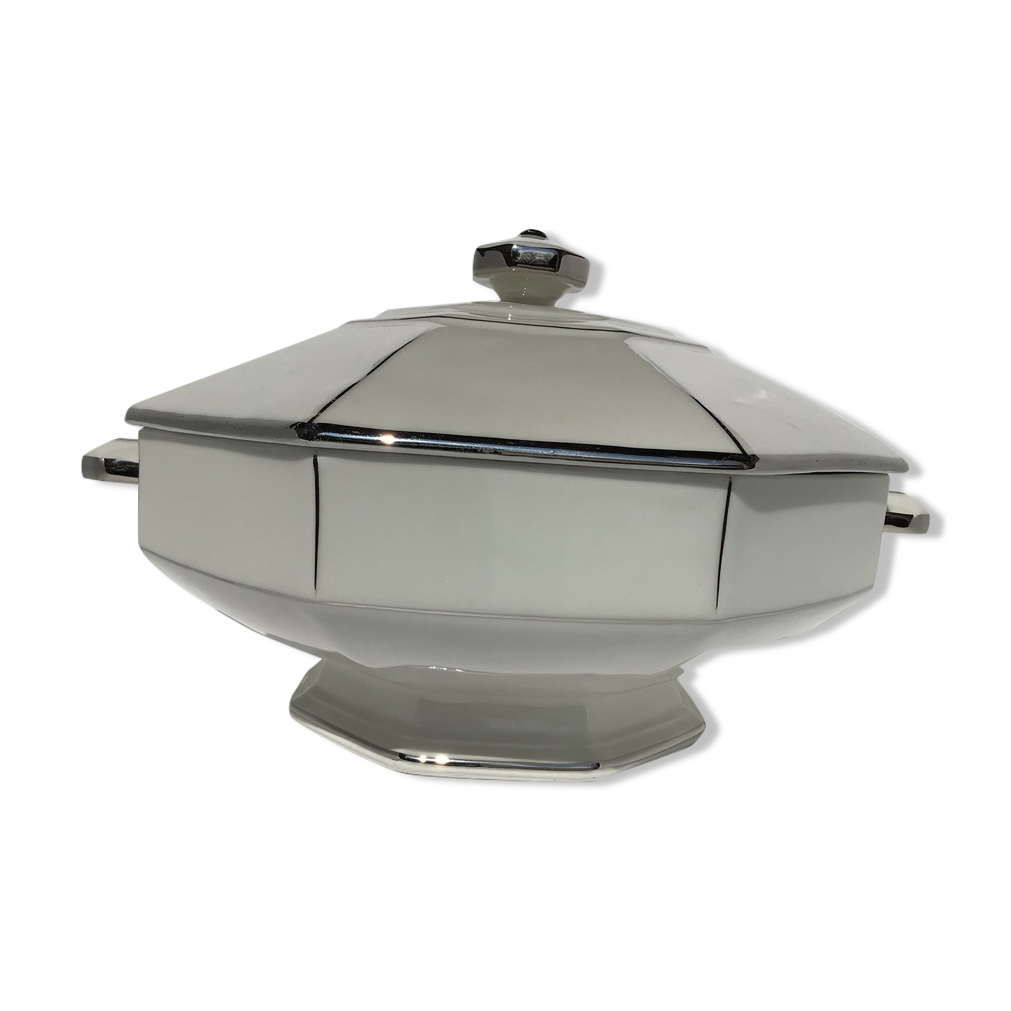 Art Deco soup tureen octagonal porcelain white silver net