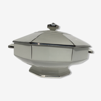 Soupière Art Déco octogonale porcelaine blanche filet argent