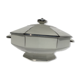 Art Deco soup tureen octagonal porcelain white silver net