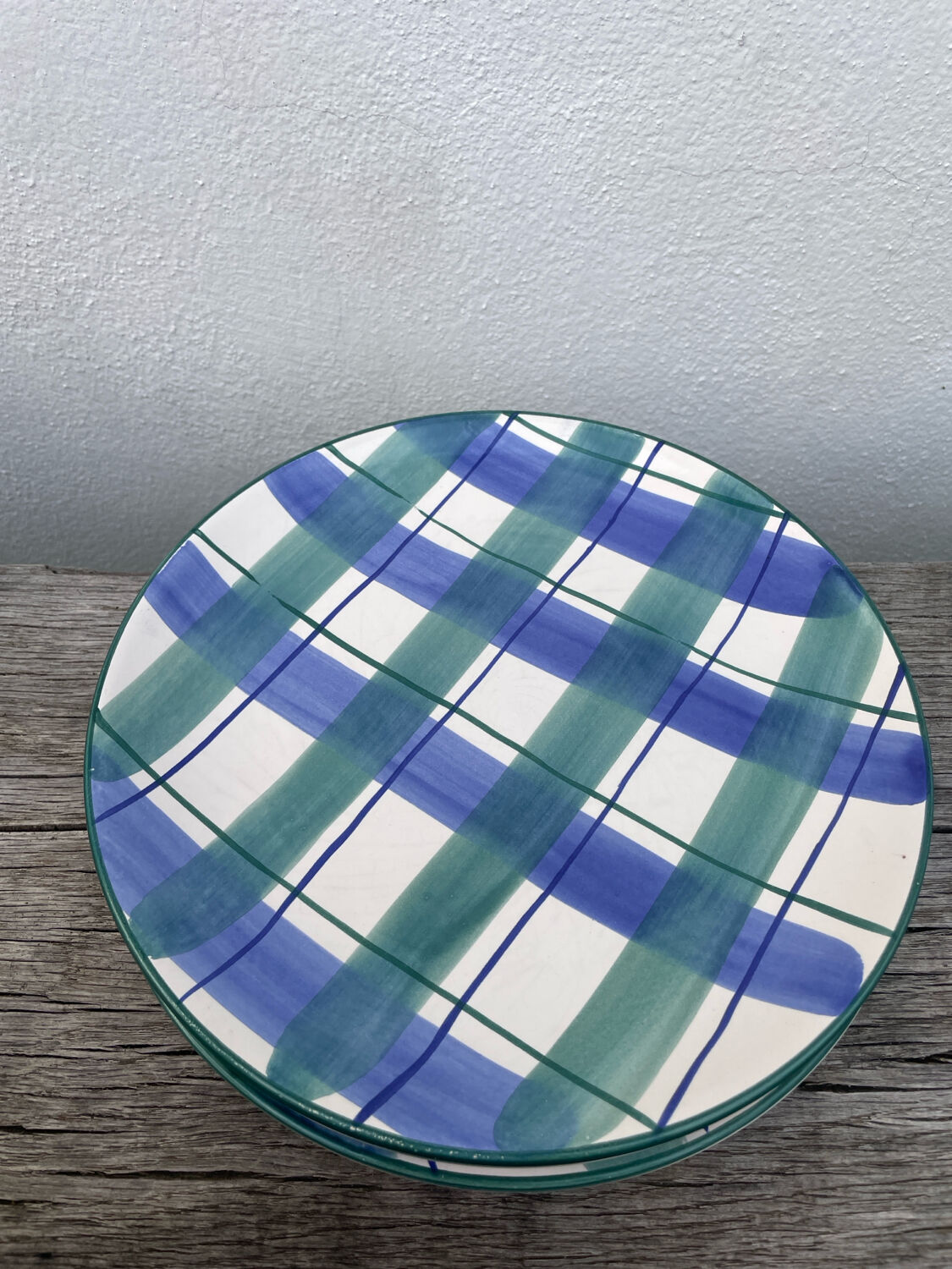 10 blue and green checked ceramic plates